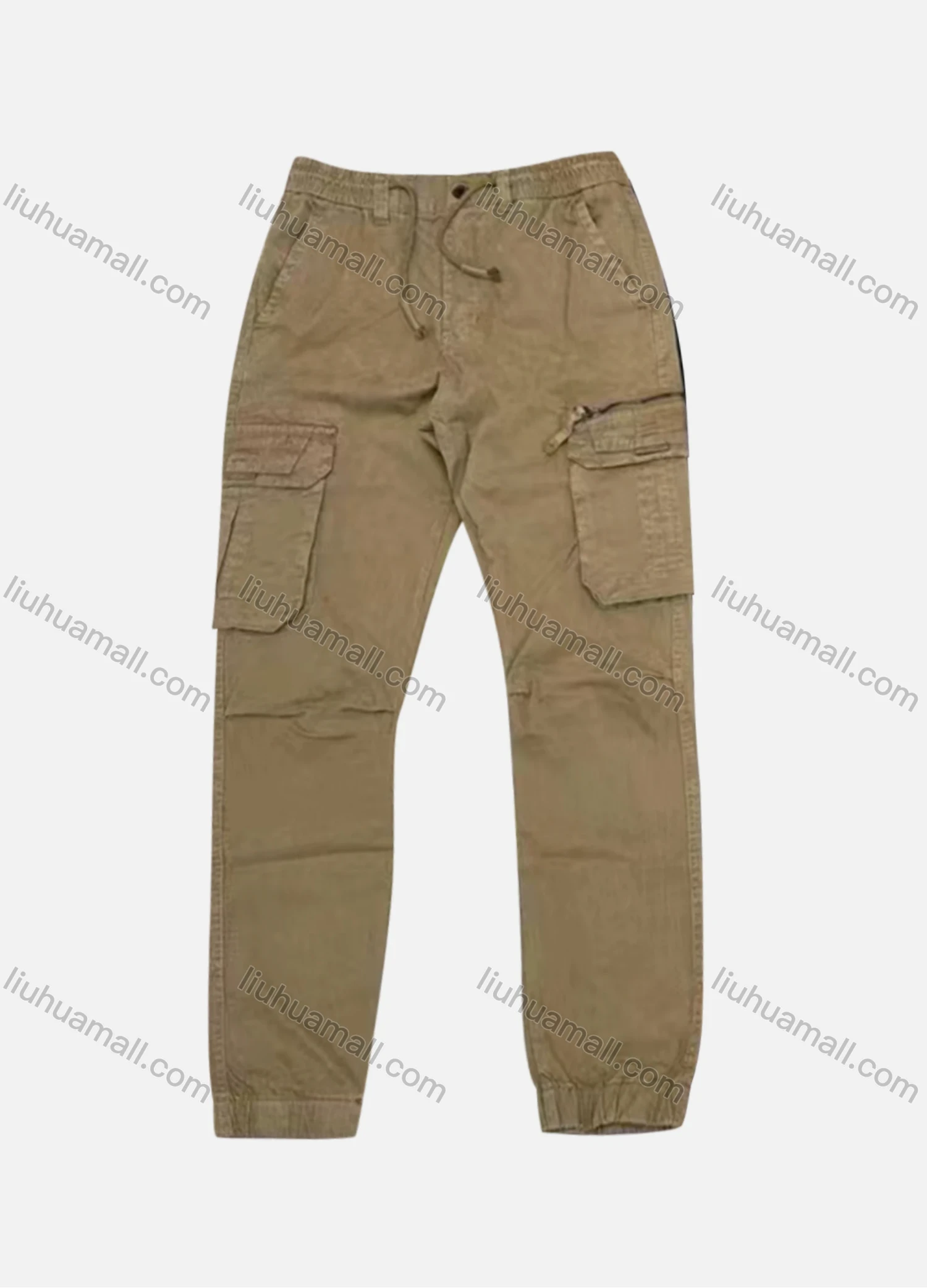 Wholesale Men's Casual Plain Flap Pockets Zip Decor Pleated Drawstring Cargo Pant AK7380# - Liuhuamall