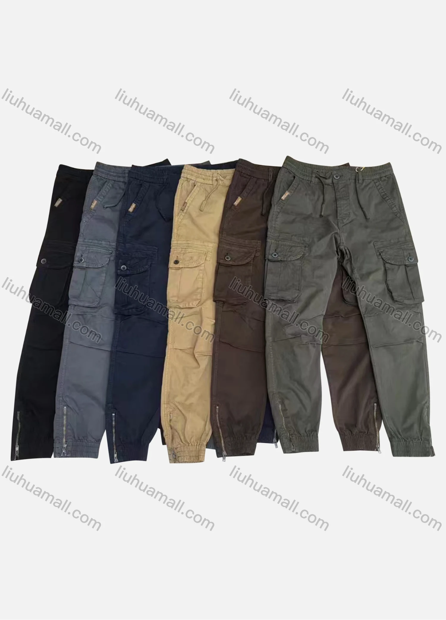 Wholesale Men's Casual Plain Flap Pockets Pleated Drawstring Cargo Pant AK7383# - Liuhuamall