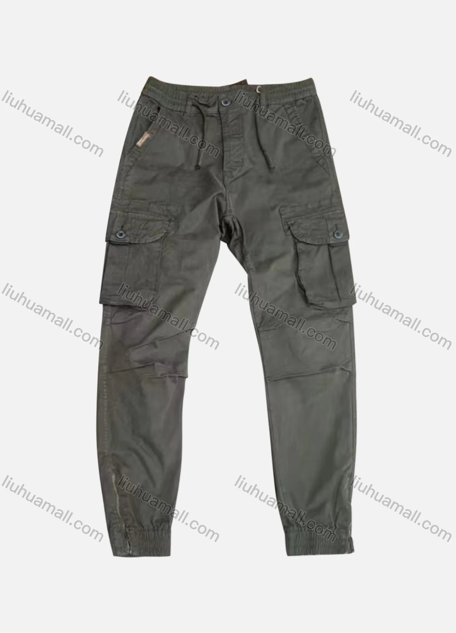 Wholesale Men's Casual Plain Flap Pockets Pleated Drawstring Cargo Pant AK7383# - Liuhuamall