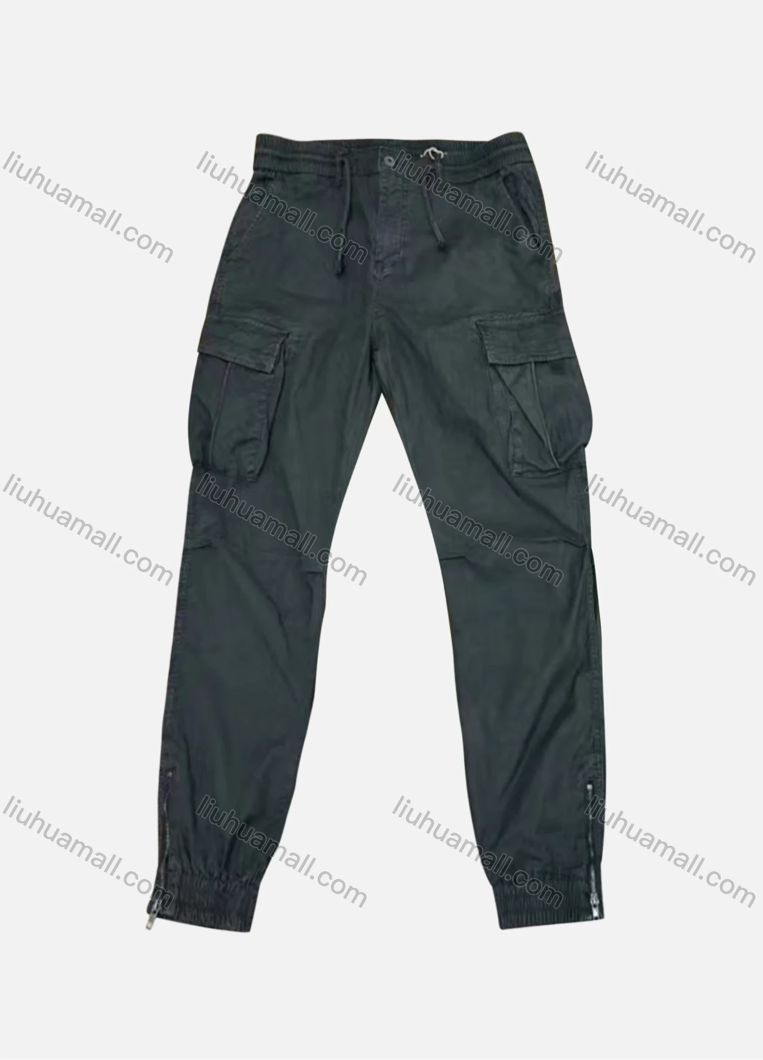 Wholesale Men's Casual Plain Flap Pockets Zip Hem Drawstring Cargo Pant H9007# - Liuhuamall