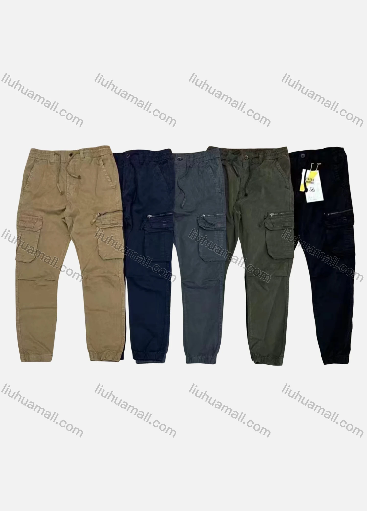 Wholesale Men's Casual Plain Flap Pockets Zip Decor Drawstring Cargo Pant AK7380# - Liuhuamall