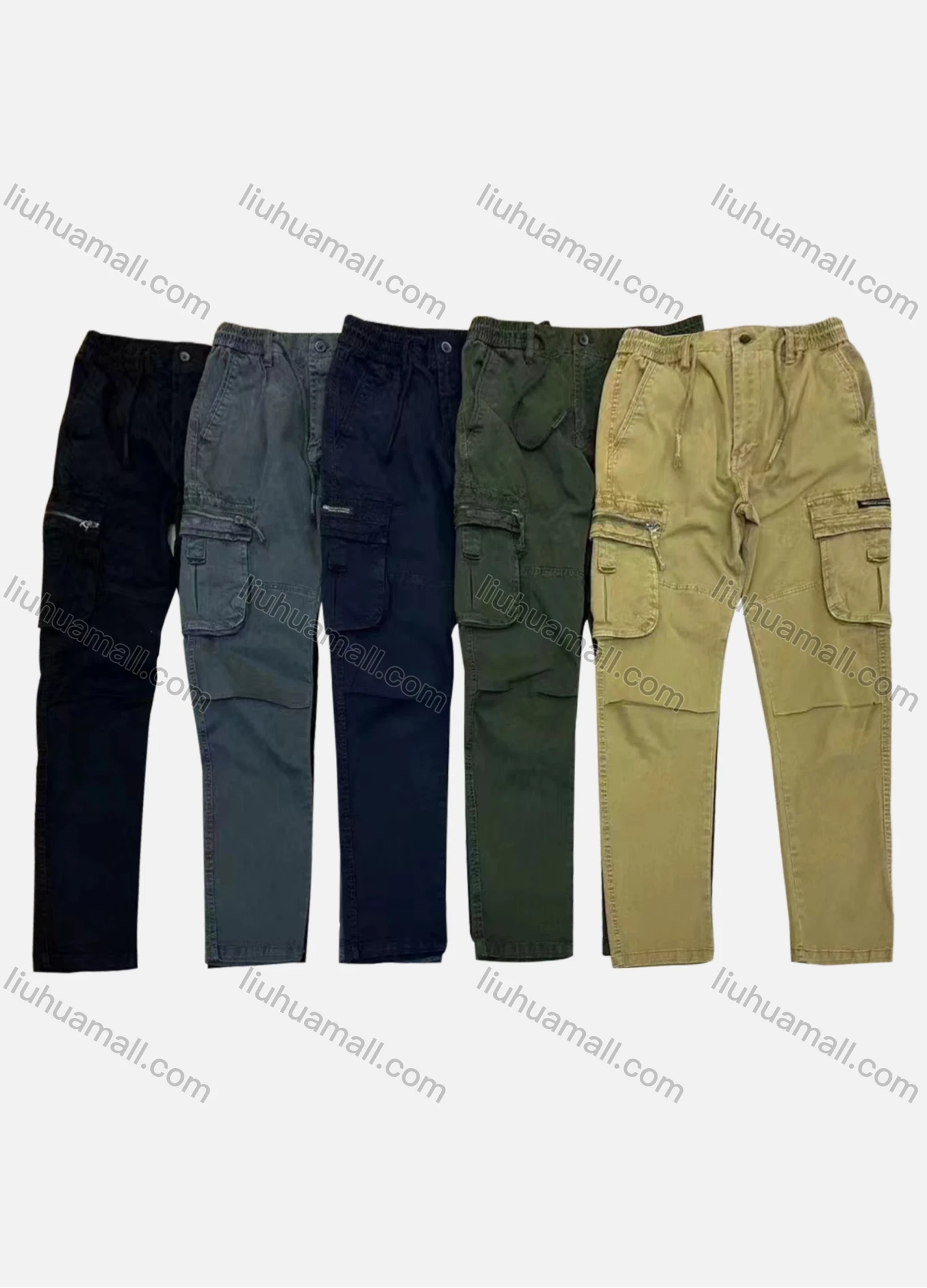 Wholesale Men's Casual Plain Flap Pockets Zip Decor Drawstring Cargo Pant AK7376# - Liuhuamall