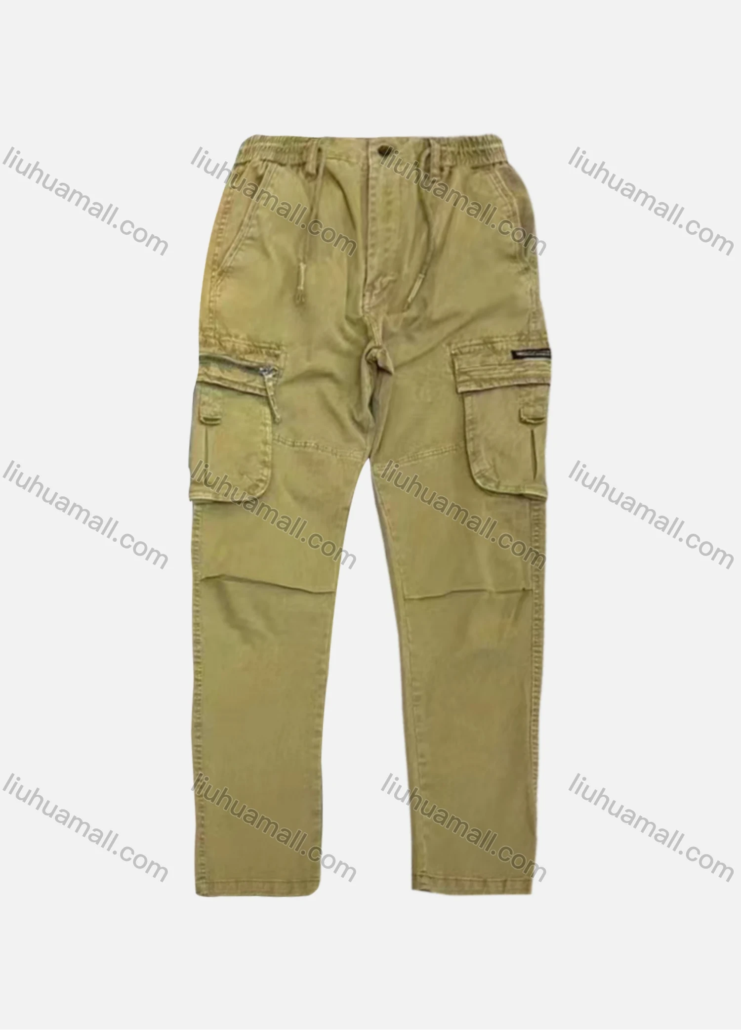 Wholesale Men's Casual Plain Flap Pockets Zip Decor Drawstring Cargo Pant AK7376# - Liuhuamall