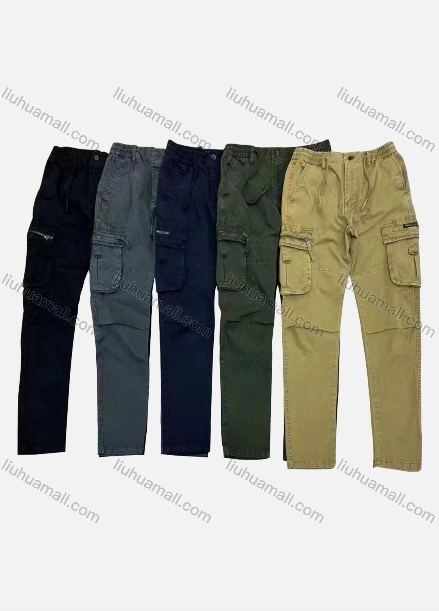 Wholesale Men's Casual Plain Flap Pockets Zip Decor Drawstring Cargo Pant AK7376# - Liuhuamall