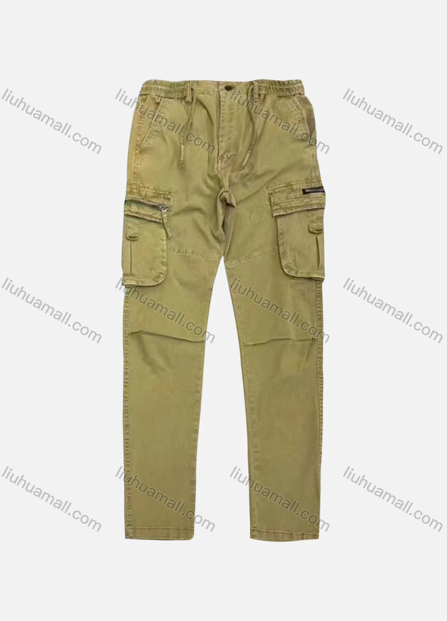 Wholesale Men's Casual Plain Flap Pockets Zip Decor Drawstring Cargo Pant AK7376# - Liuhuamall