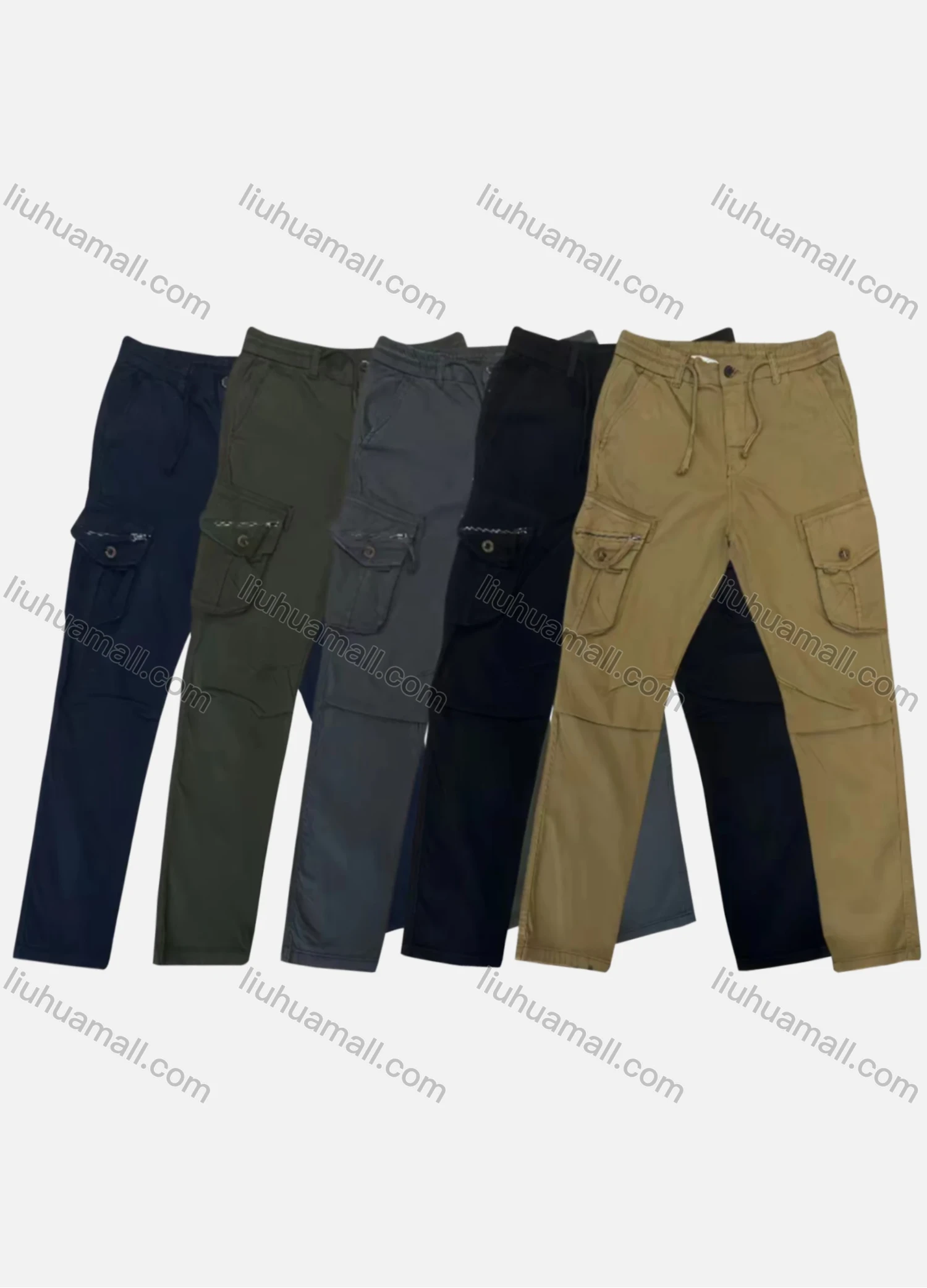 Wholesale Men's Casual Plain Flap Pockets Zip Decor Drawstring Cargo Pant AK7387# - Liuhuamall