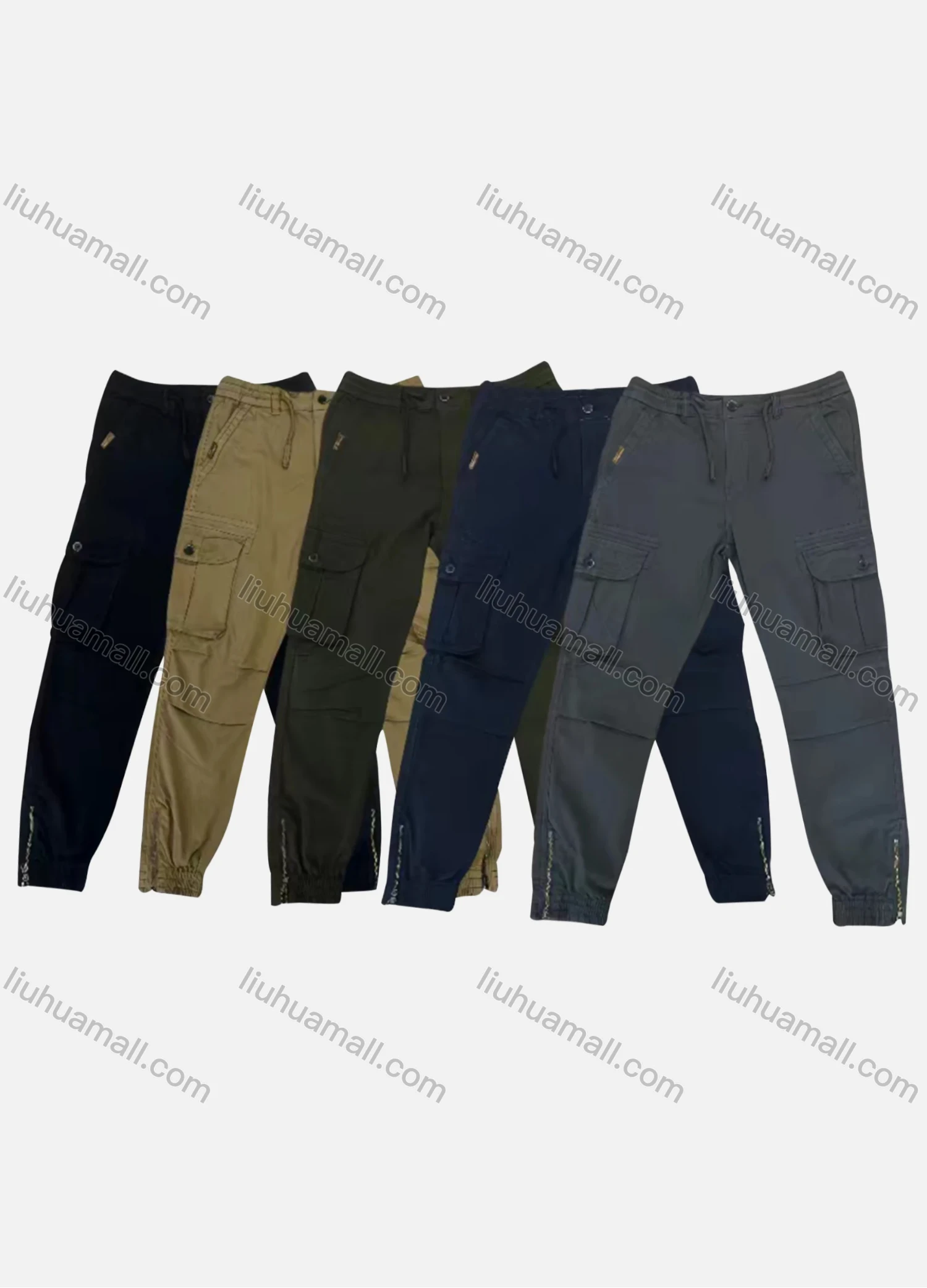 Wholesale Men's Casual Plain Flap Pockets Pleated Zip Hem Drawstring Cargo Pant AK7383# - Liuhuamall