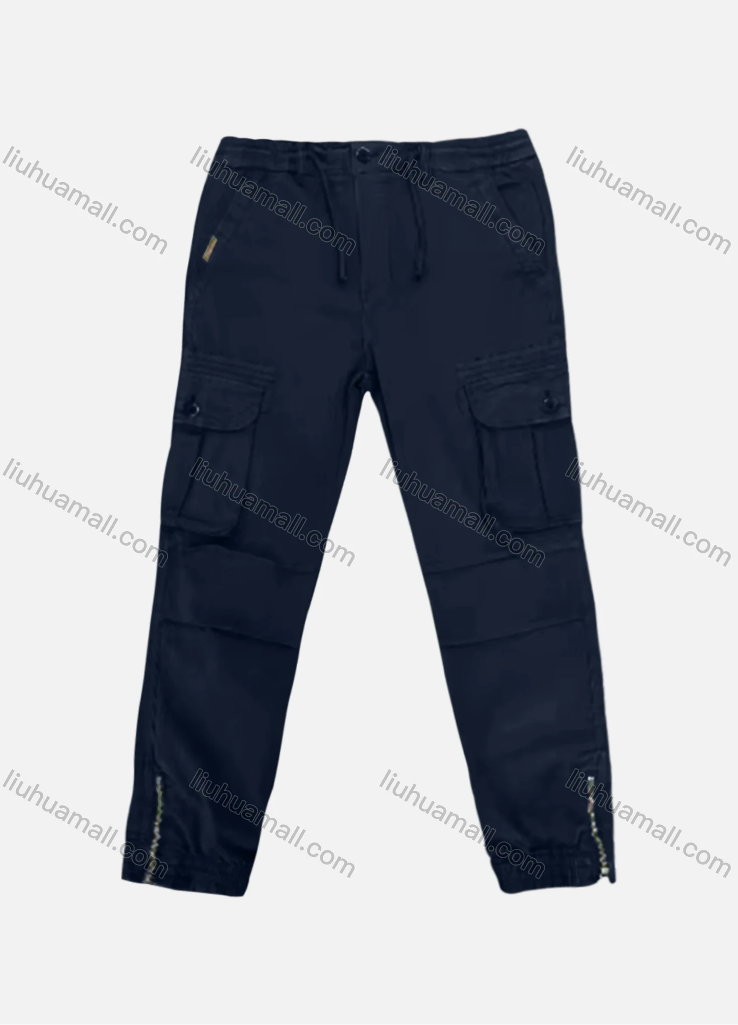 Wholesale Men's Casual Plain Flap Pockets Pleated Zip Hem Drawstring Cargo Pant AK7383# - Liuhuamall