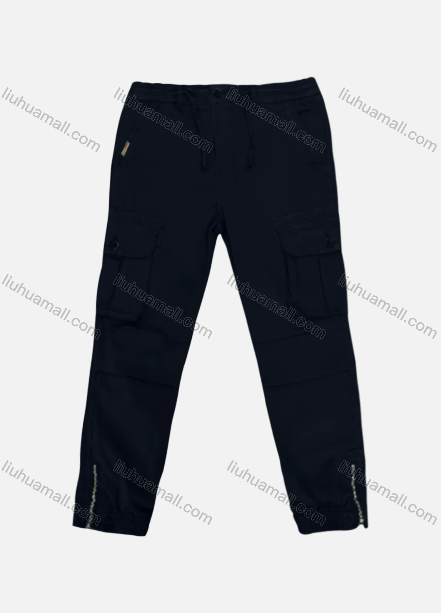 Wholesale Men's Casual Plain Flap Pockets Pleated Zip Hem Drawstring Cargo Pant AK7383# - Liuhuamall