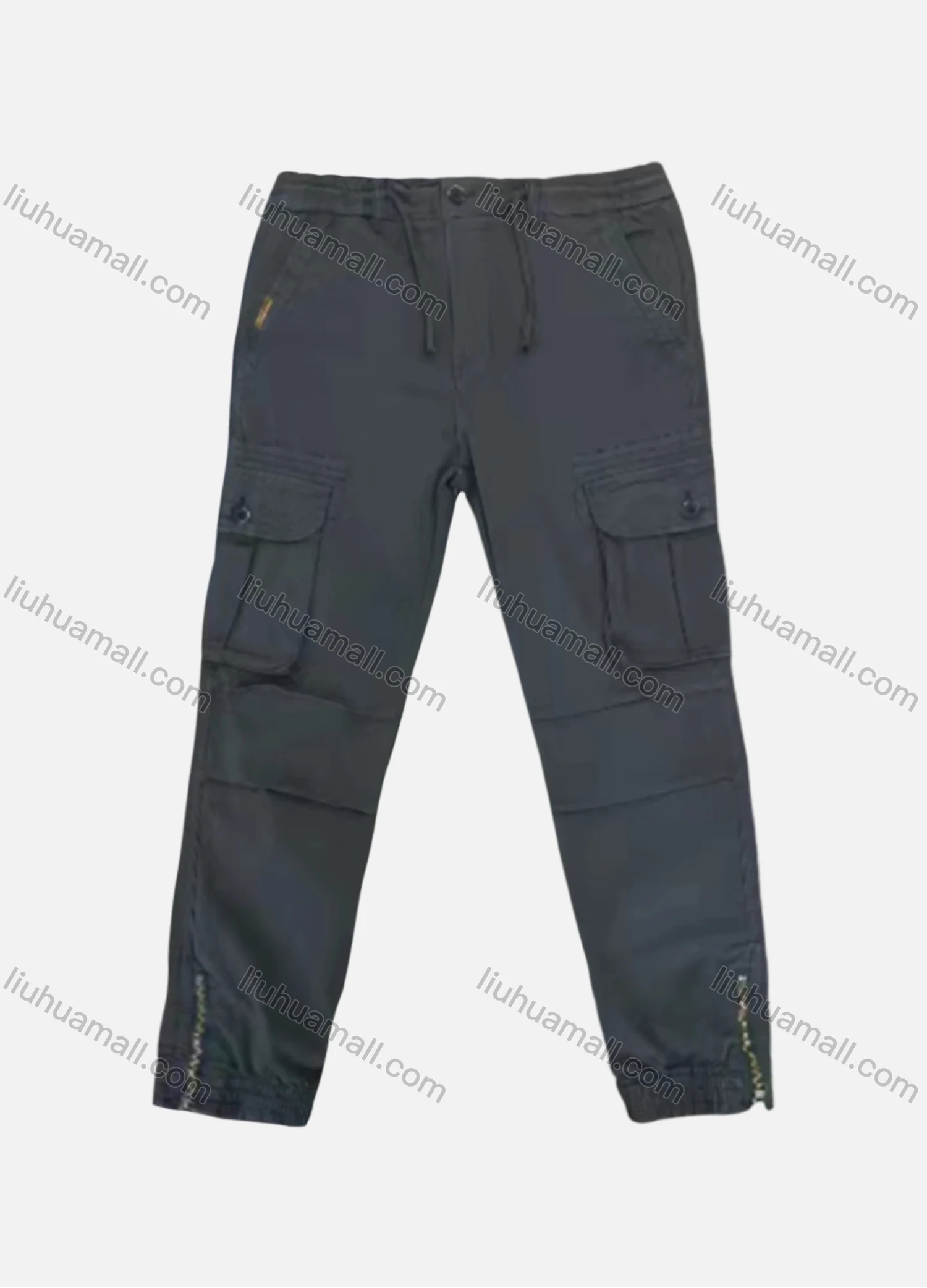 Wholesale Men's Casual Plain Flap Pockets Pleated Zip Hem Drawstring Cargo Pant AK7383# - Liuhuamall