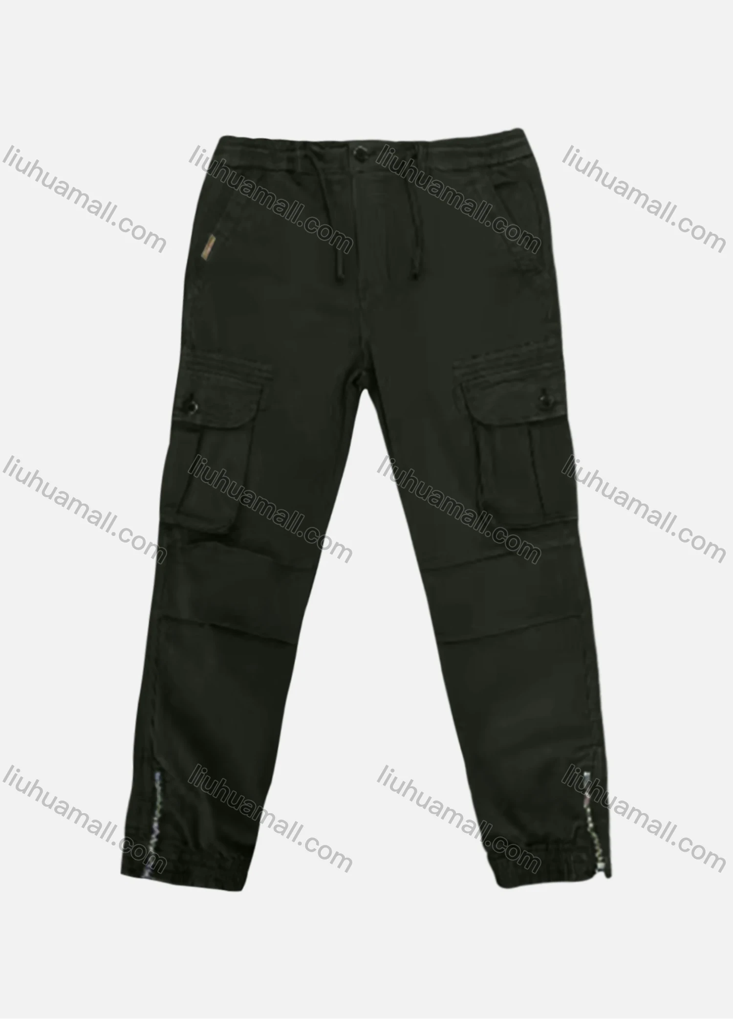 Wholesale Men's Casual Plain Flap Pockets Pleated Zip Hem Drawstring Cargo Pant AK7383# - Liuhuamall