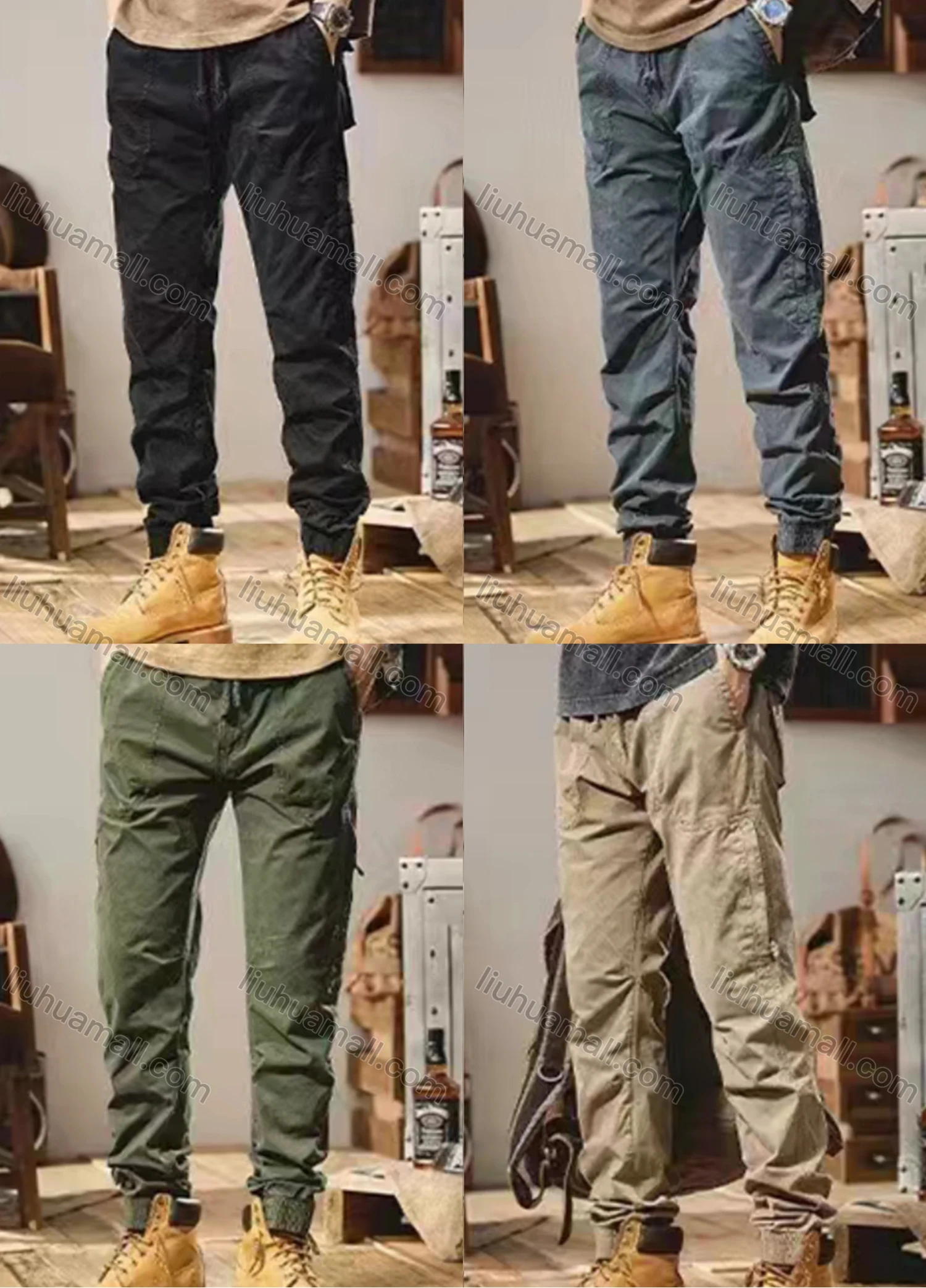 Wholesale Men's Casual Plain Patch Pocket Drawstring Cargo Pant 7601# - Liuhuamall