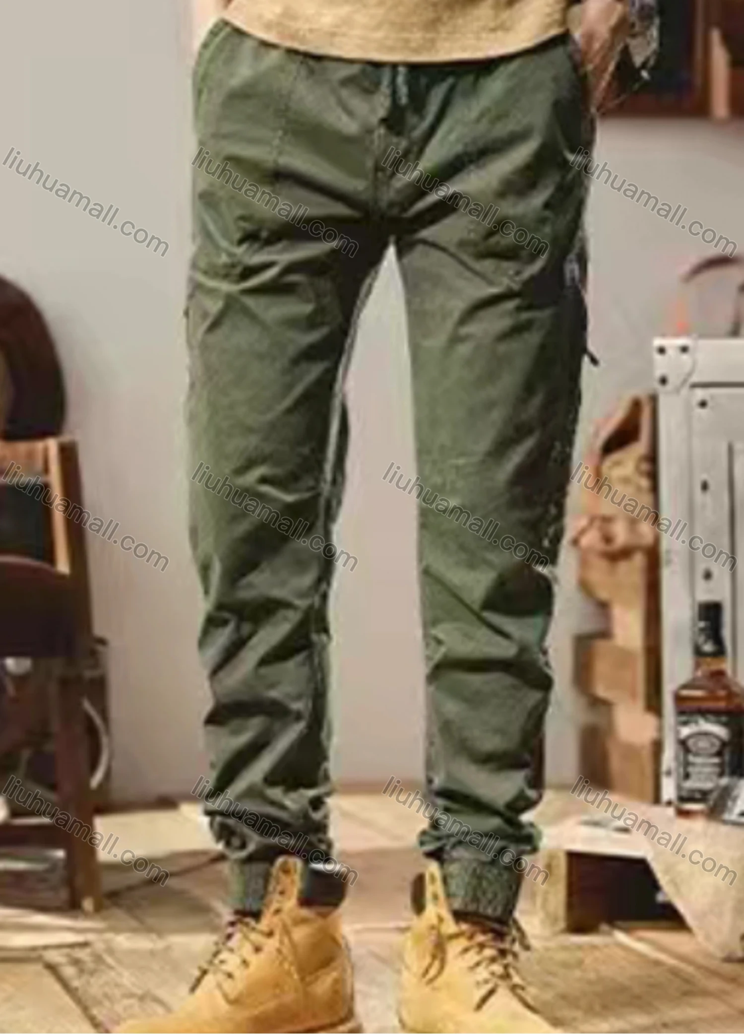 Wholesale Men's Casual Plain Patch Pocket Drawstring Cargo Pant 7601# - Liuhuamall