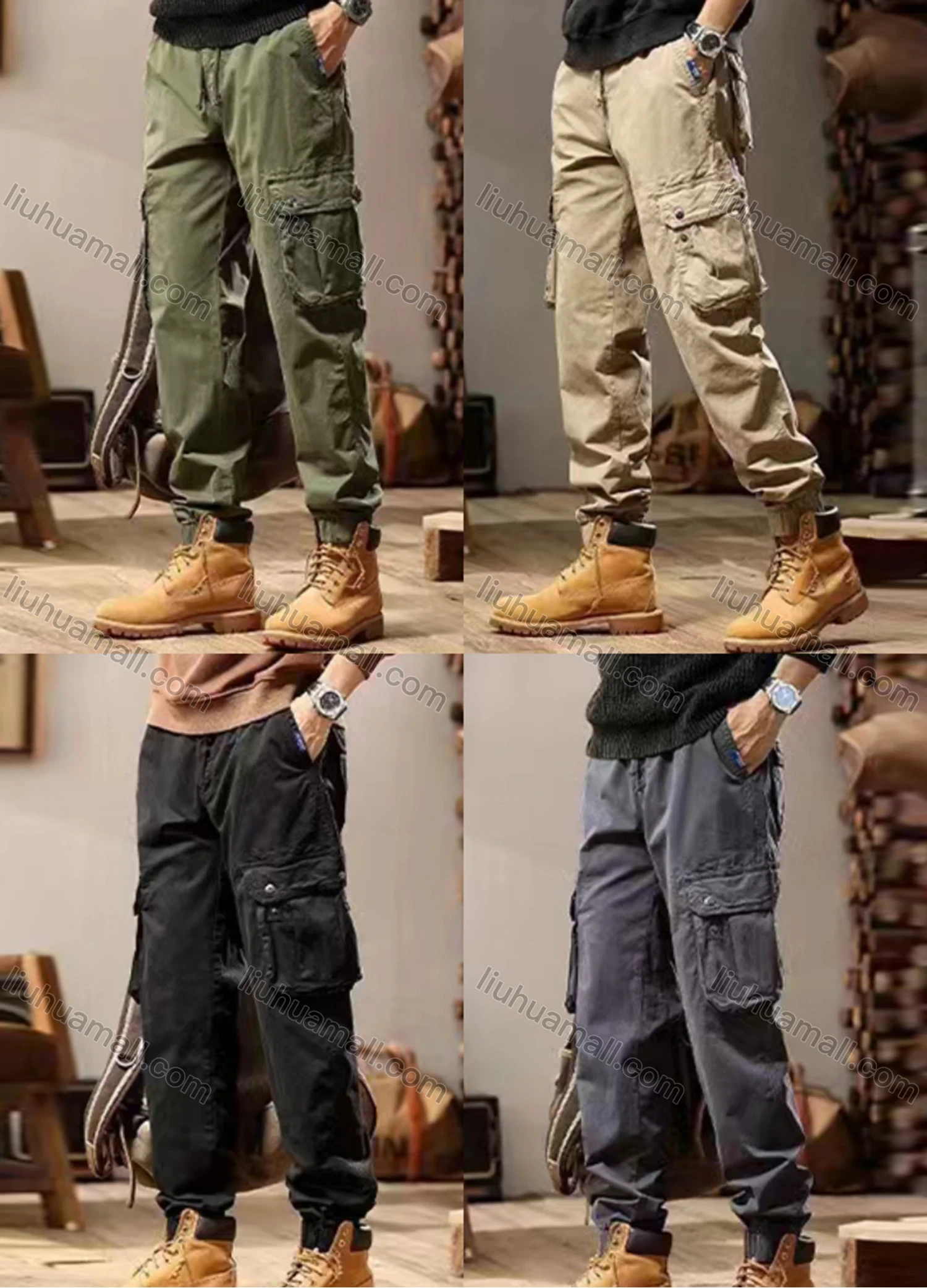 Wholesale Men's Casual Plain Flap Pockets Drawstring Cargo Pant 693# - Liuhuamall