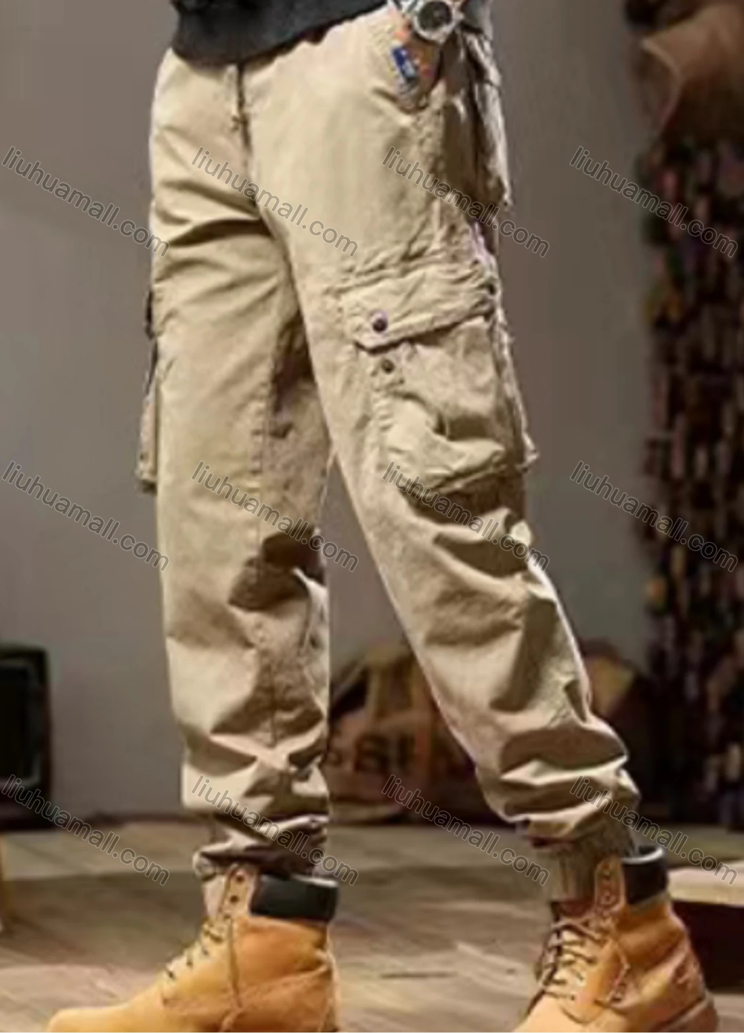 Wholesale Men's Casual Plain Flap Pockets Drawstring Cargo Pant 693# - Liuhuamall