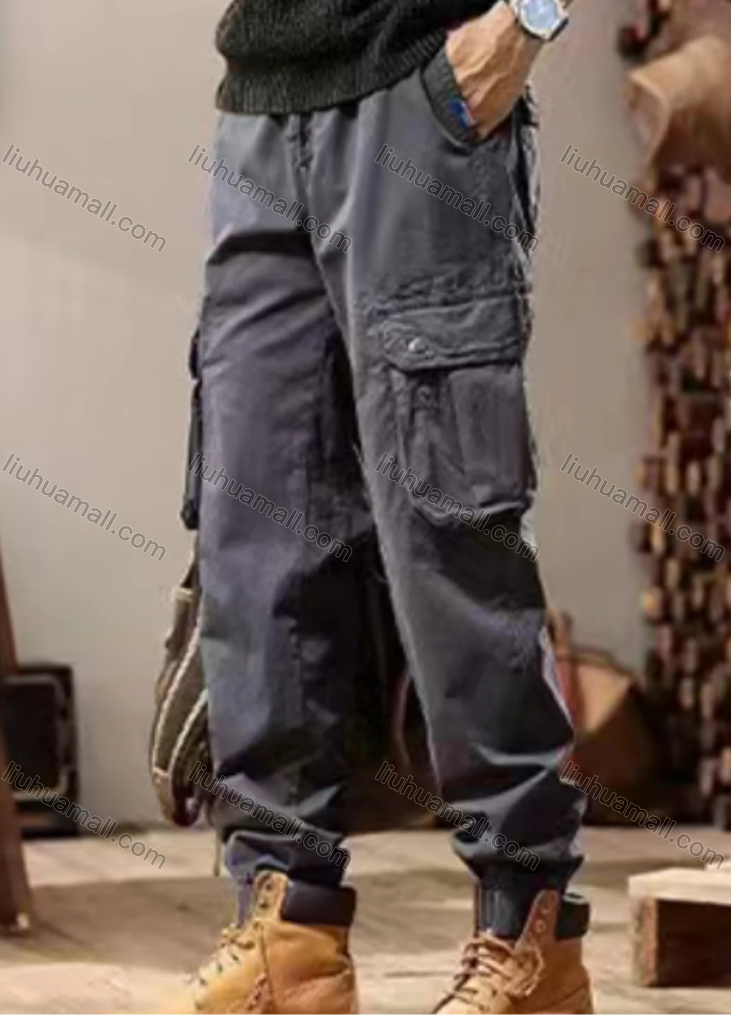 Wholesale Men's Casual Plain Flap Pockets Drawstring Cargo Pant 693# - Liuhuamall