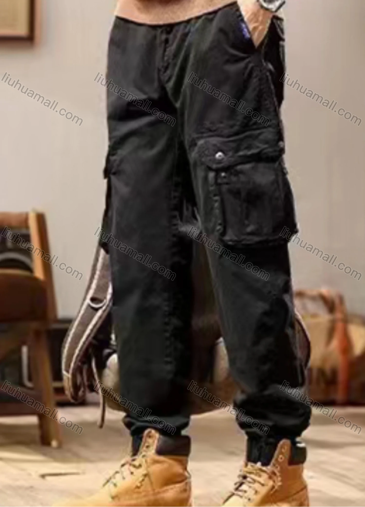 Wholesale Men's Casual Plain Flap Pockets Drawstring Cargo Pant 693# - Liuhuamall