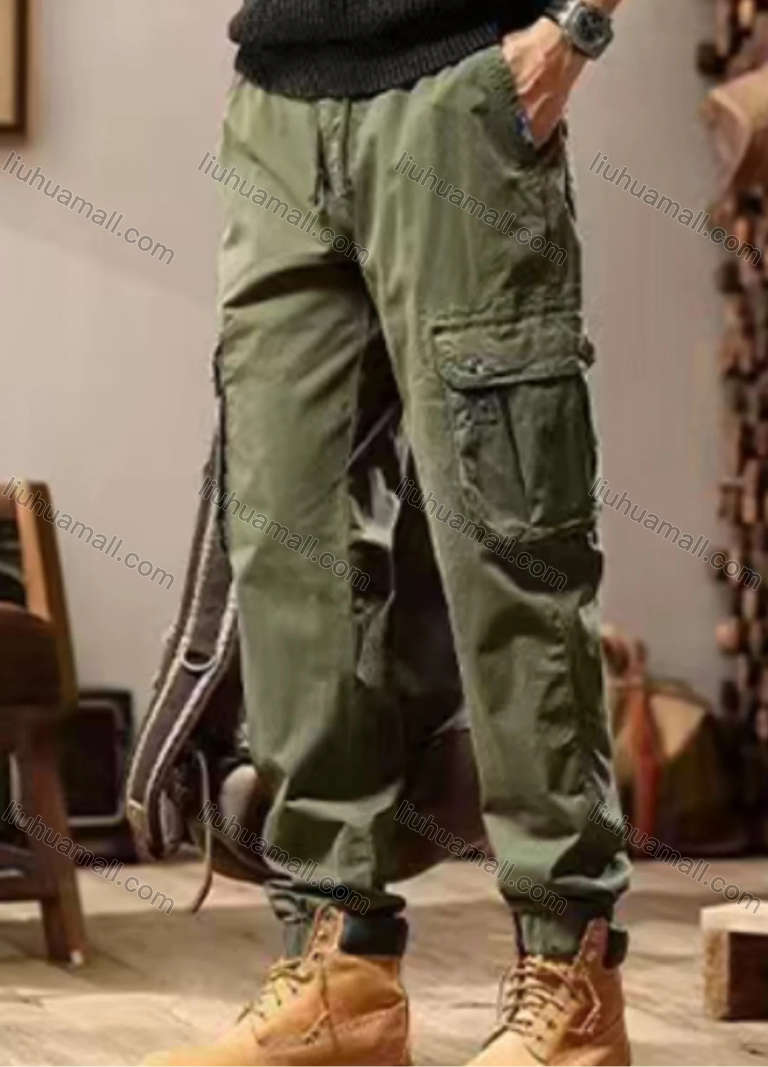 Wholesale Men's Casual Plain Flap Pockets Drawstring Cargo Pant 693# - Liuhuamall