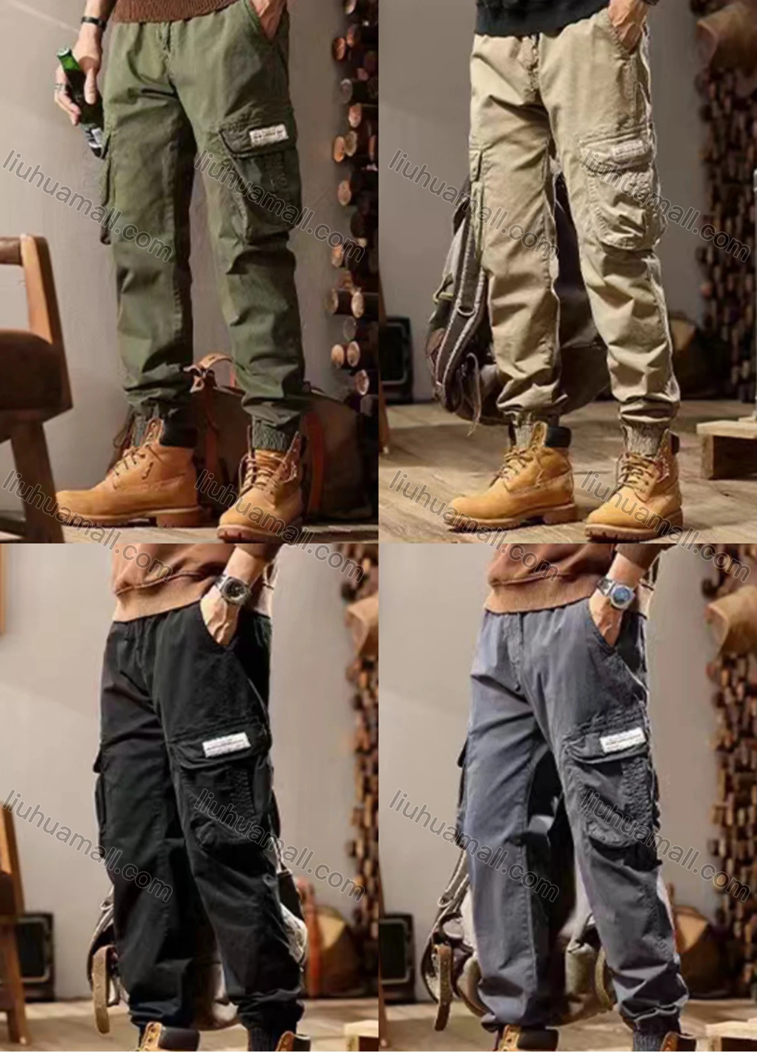 Wholesale Men's Casual Plain Flap Pockets Drawstring Cargo Pant 691# - Liuhuamall