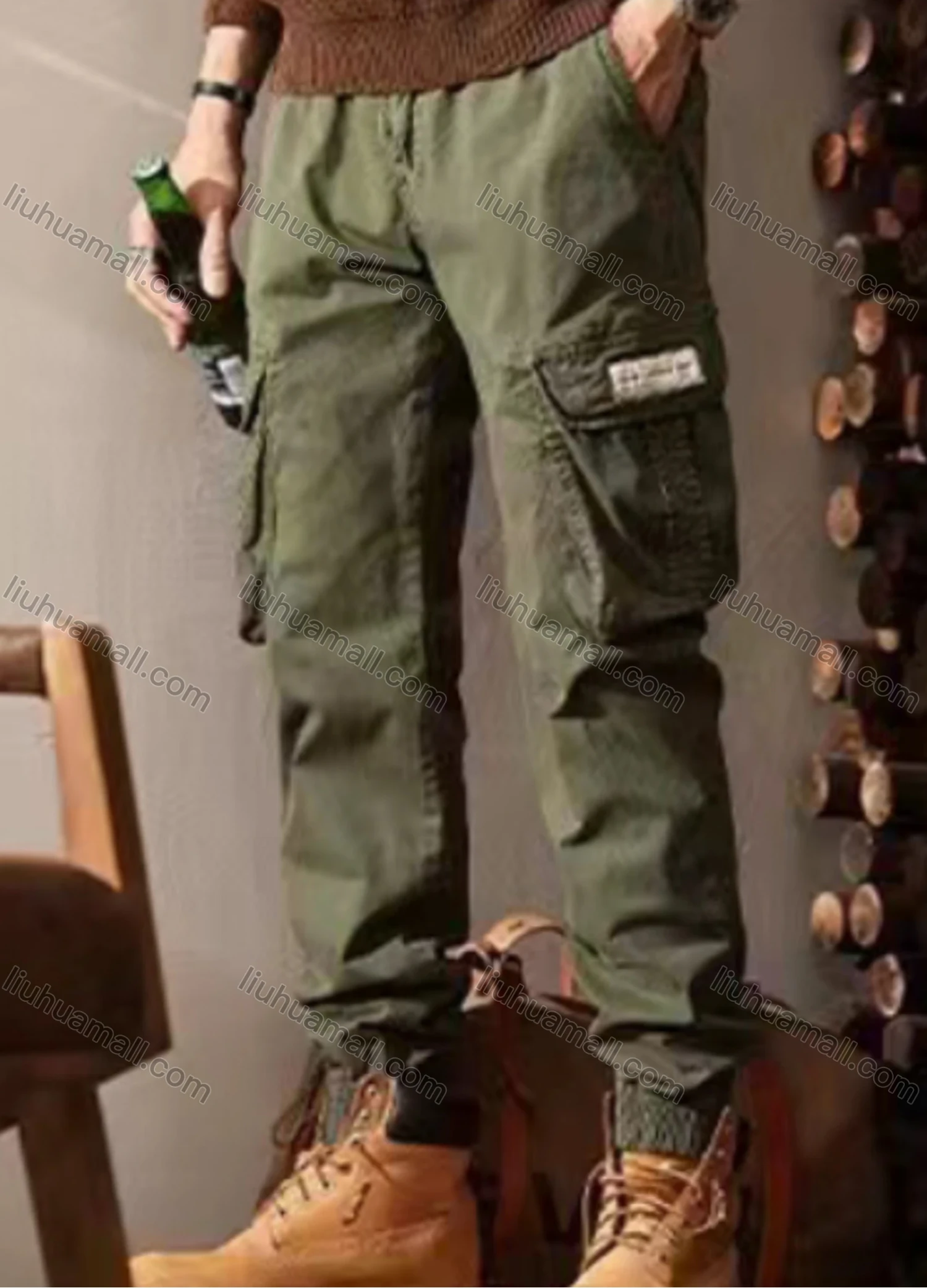 Wholesale Men's Casual Plain Flap Pockets Drawstring Cargo Pant 691# - Liuhuamall