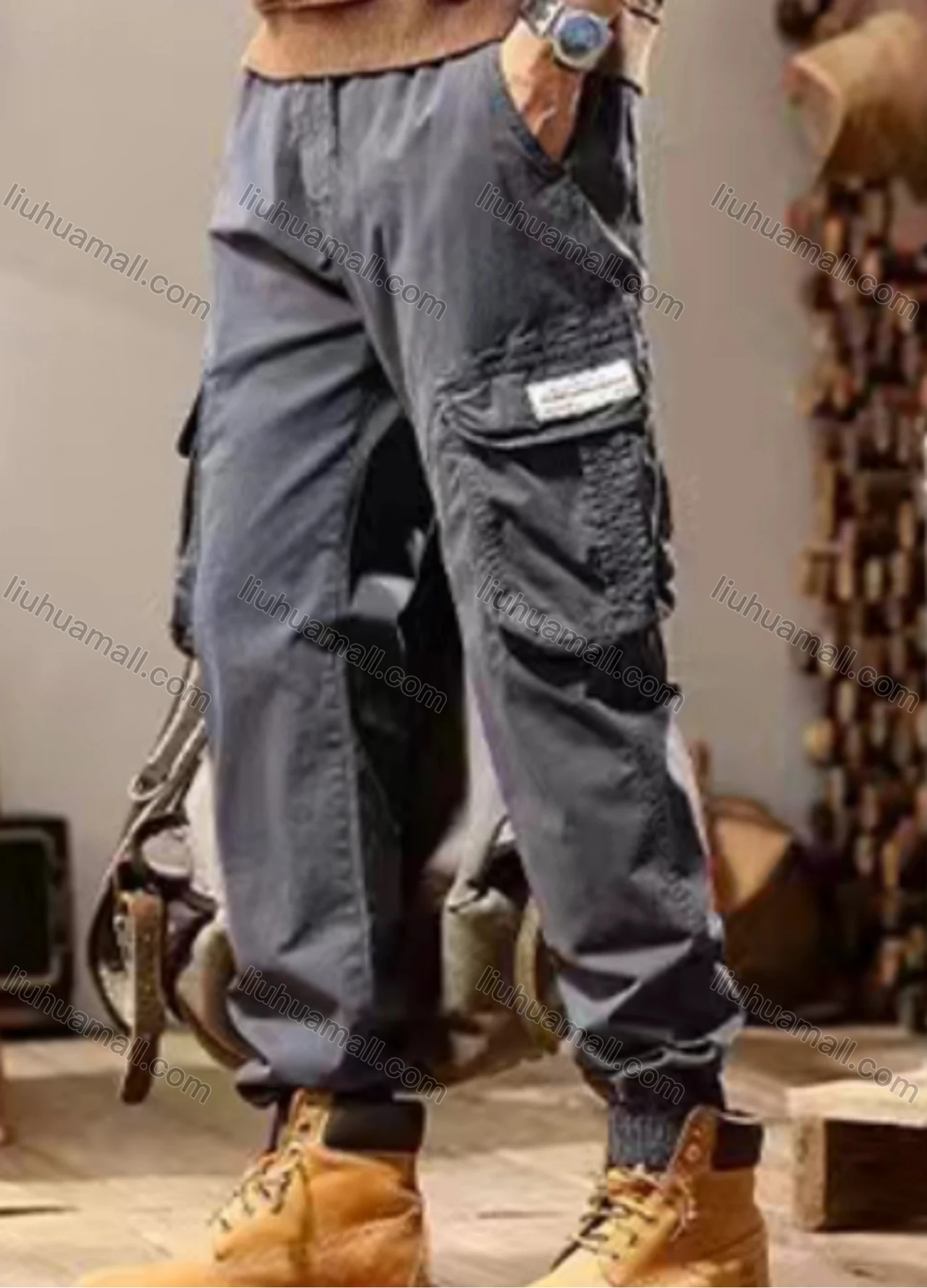 Wholesale Men's Casual Plain Flap Pockets Drawstring Cargo Pant 691# - Liuhuamall