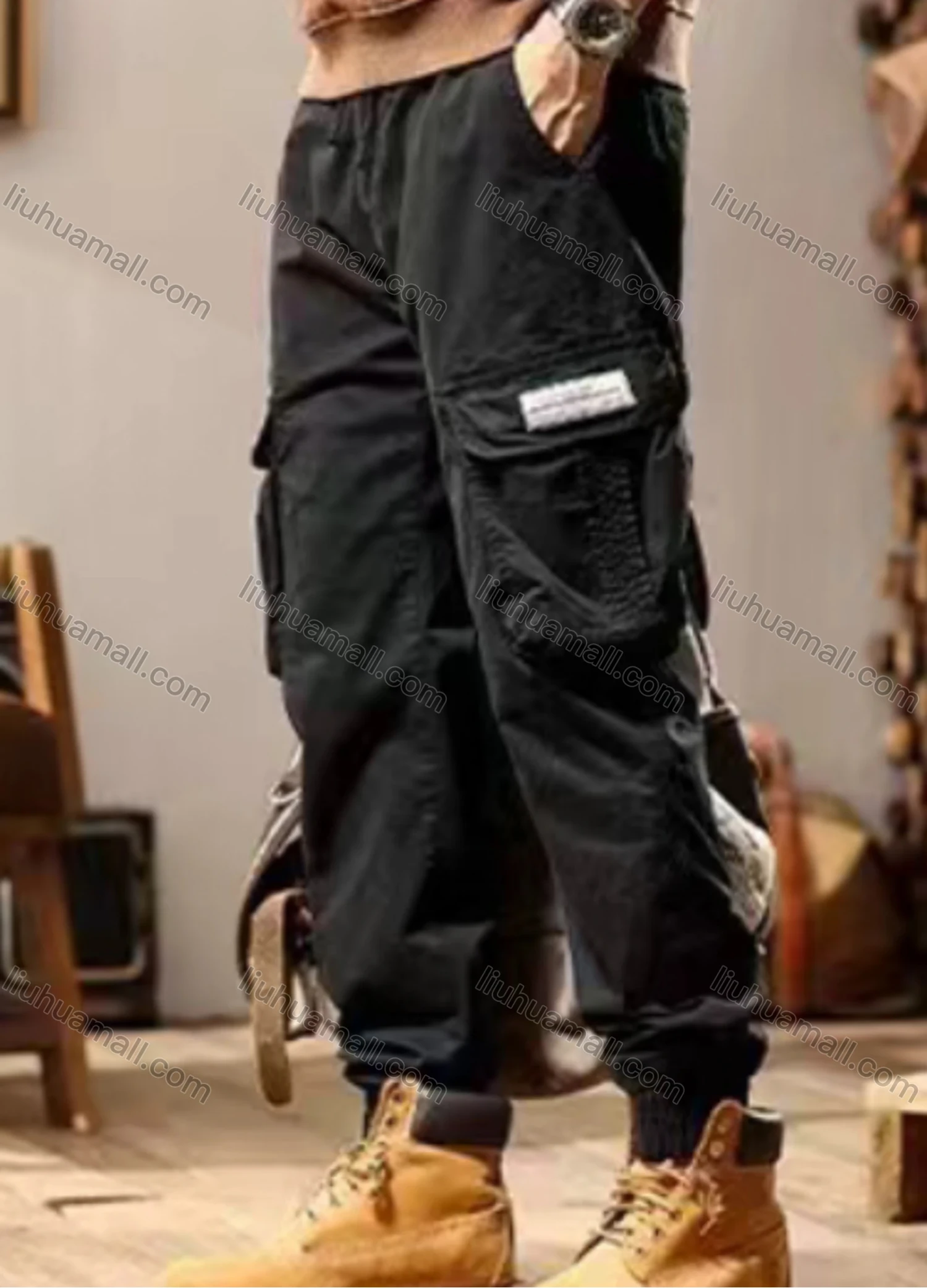 Wholesale Men's Casual Plain Flap Pockets Drawstring Cargo Pant 691# - Liuhuamall