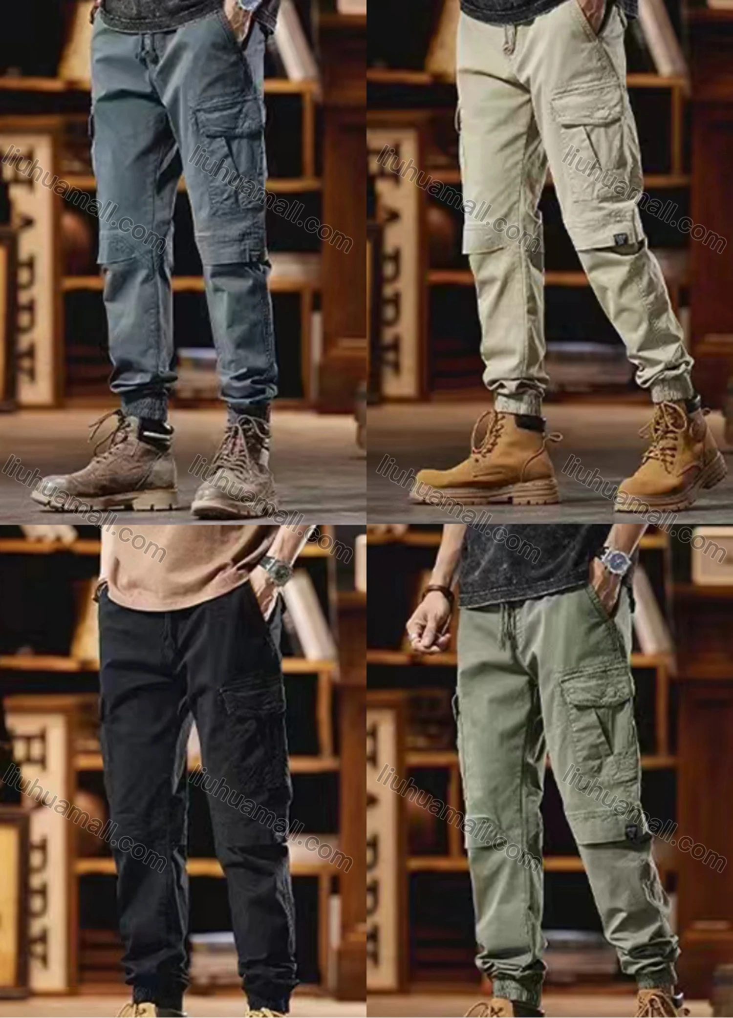 Wholesale Men's Casual Plain Flap Pockets Drawstring Cargo Pant 7615# - Liuhuamall