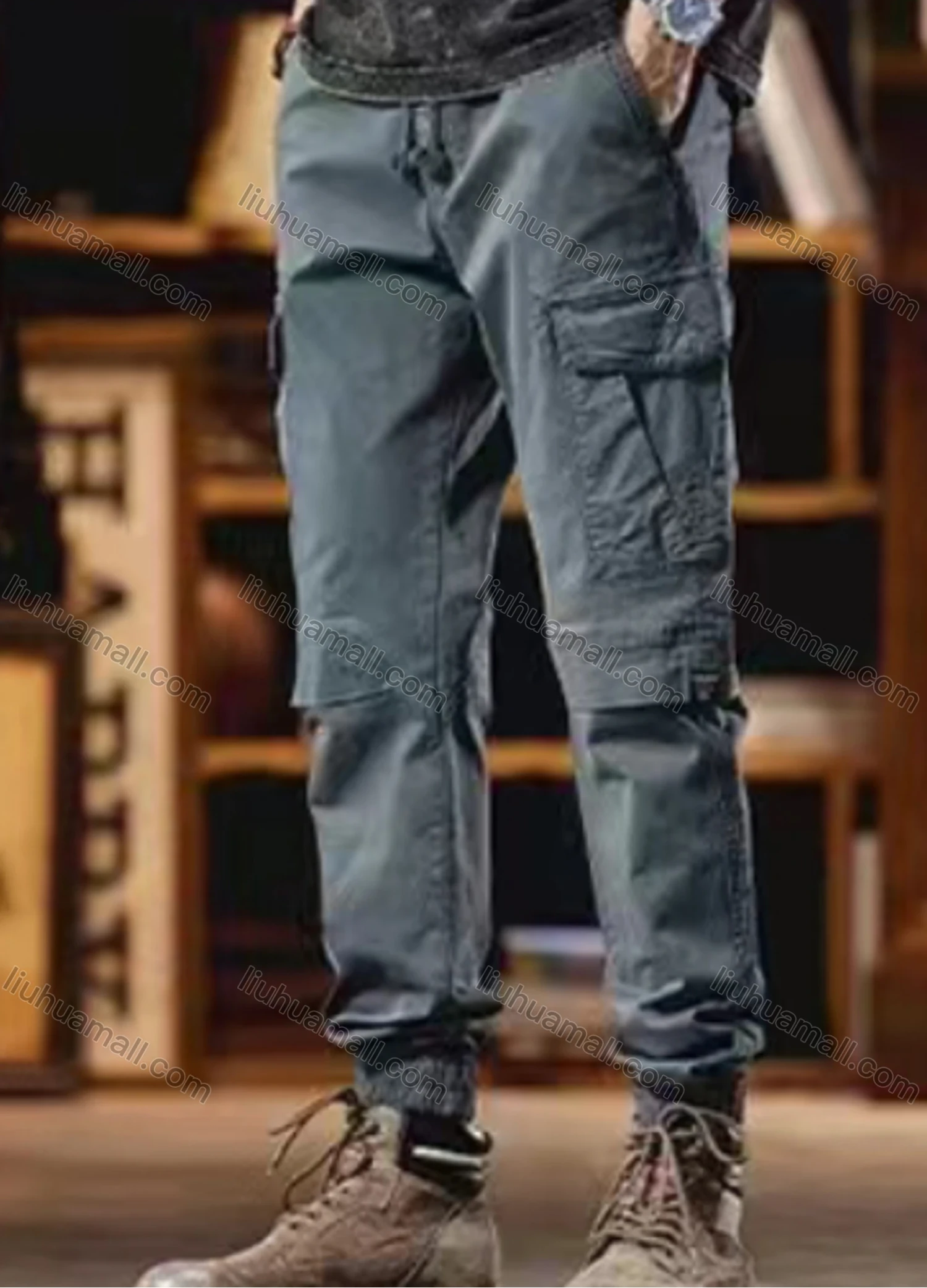 Wholesale Men's Casual Plain Flap Pockets Drawstring Cargo Pant 7615# - Liuhuamall