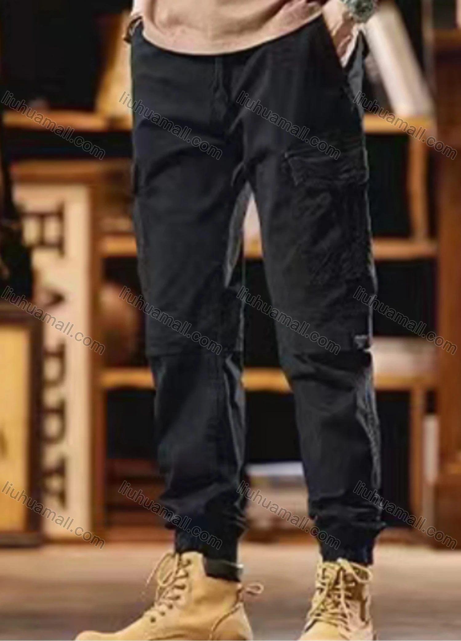 Wholesale Men's Casual Plain Flap Pockets Drawstring Cargo Pant 7615# - Liuhuamall