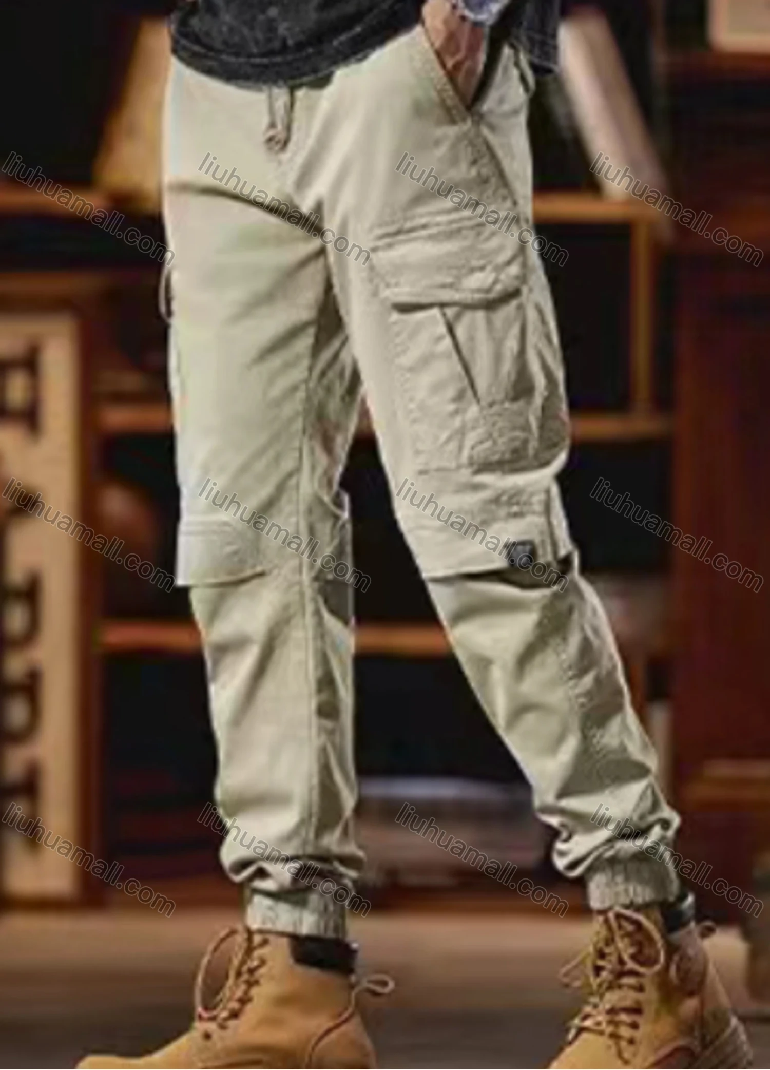 Wholesale Men's Casual Plain Flap Pockets Drawstring Cargo Pant 7615# - Liuhuamall