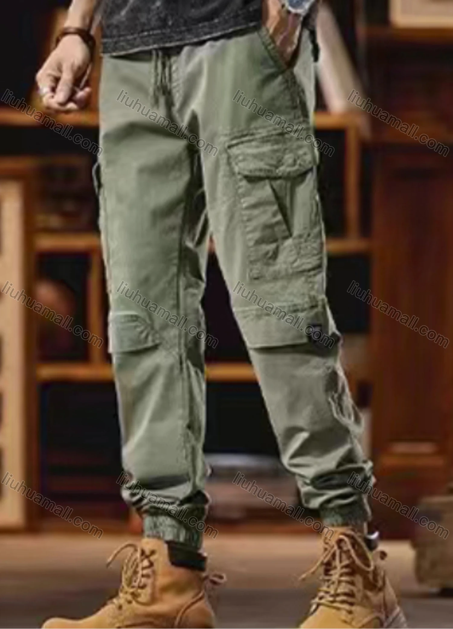 Wholesale Men's Casual Plain Flap Pockets Drawstring Cargo Pant 7615# - Liuhuamall