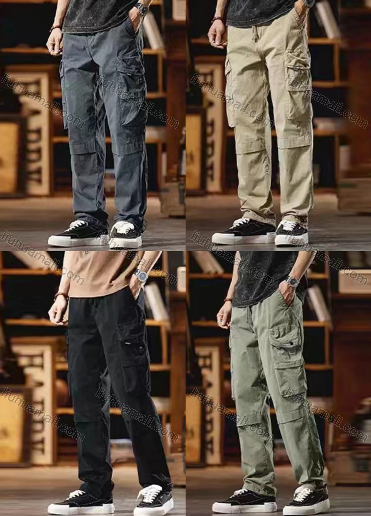 Wholesale Men's Casual Plain Flap Pockets Drawstring Cargo Pant 7613# - Liuhuamall