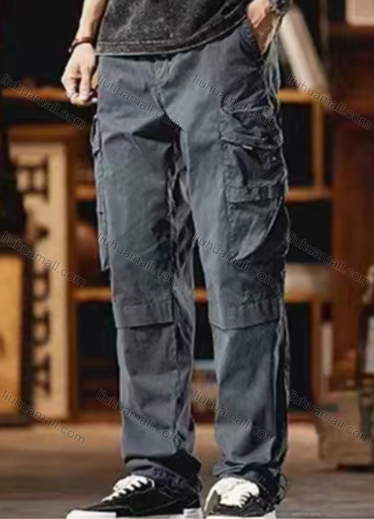 Wholesale Men's Casual Plain Flap Pockets Drawstring Cargo Pant 7613# - Liuhuamall