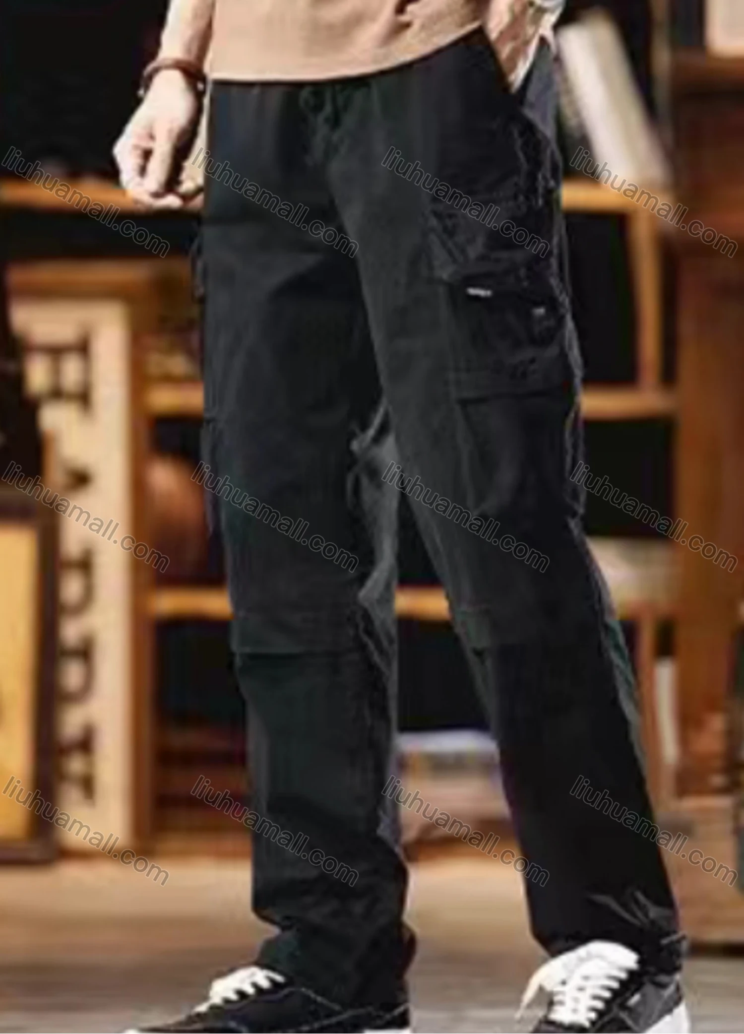 Wholesale Men's Casual Plain Flap Pockets Drawstring Cargo Pant 7613# - Liuhuamall