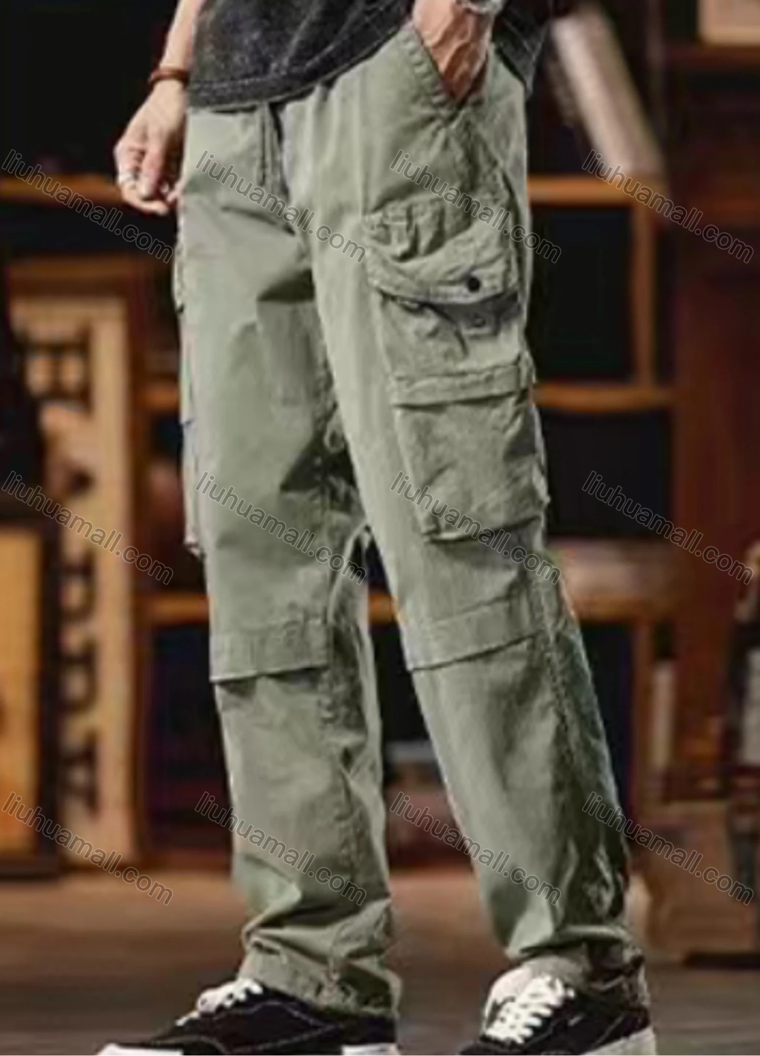 Wholesale Men's Casual Plain Flap Pockets Drawstring Cargo Pant 7613# - Liuhuamall