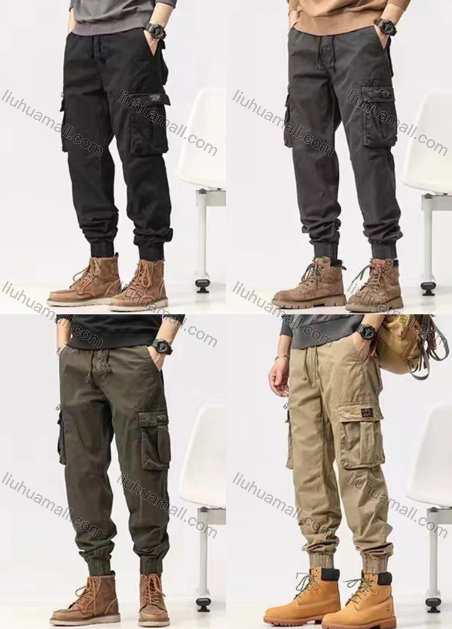 Wholesale Men's Casual Plain Flap Pockets Drawstring Cargo Pant 655# - Liuhuamall