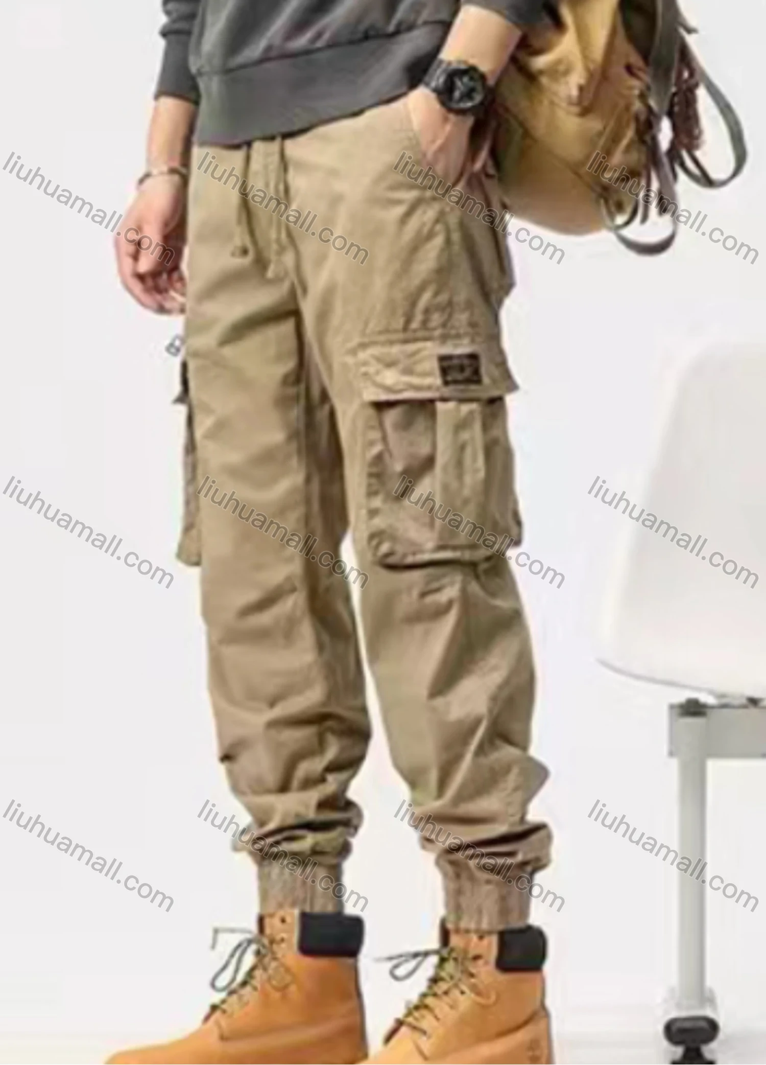 Wholesale Men's Casual Plain Flap Pockets Drawstring Cargo Pant 655# - Liuhuamall