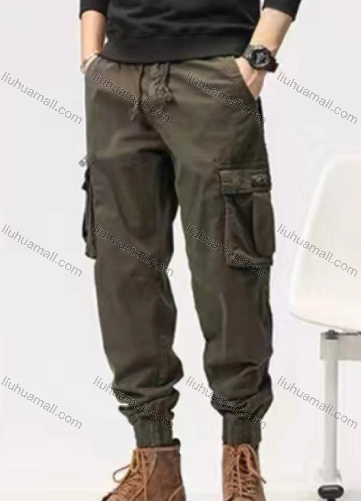 Wholesale Men's Casual Plain Flap Pockets Drawstring Cargo Pant 655# - Liuhuamall