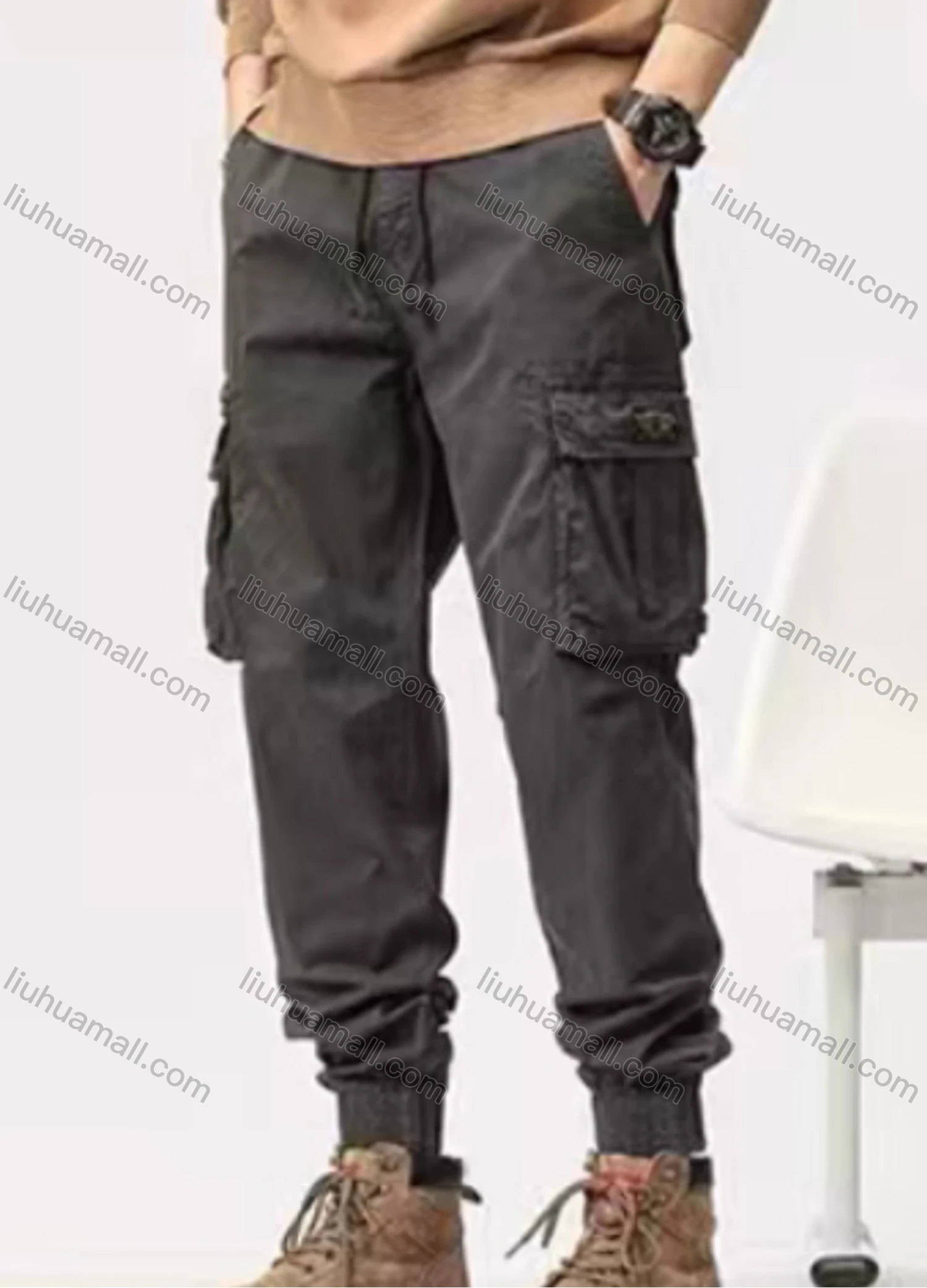 Wholesale Men's Casual Plain Flap Pockets Drawstring Cargo Pant 655# - Liuhuamall