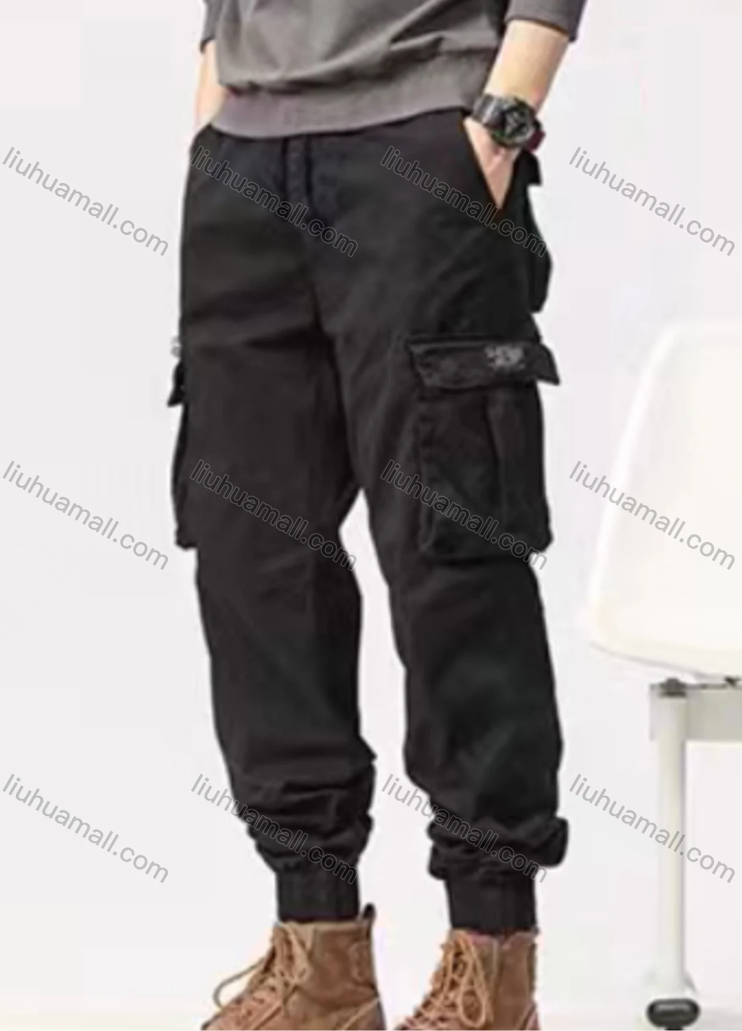 Wholesale Men's Casual Plain Flap Pockets Drawstring Cargo Pant 655# - Liuhuamall