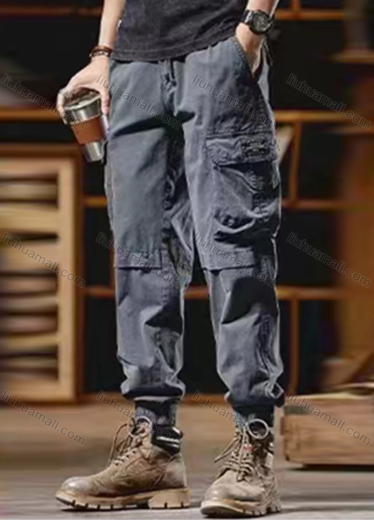 Wholesale Men's Casual Plain Flap Pockets Drawstring Cargo Pant 511# - Liuhuamall