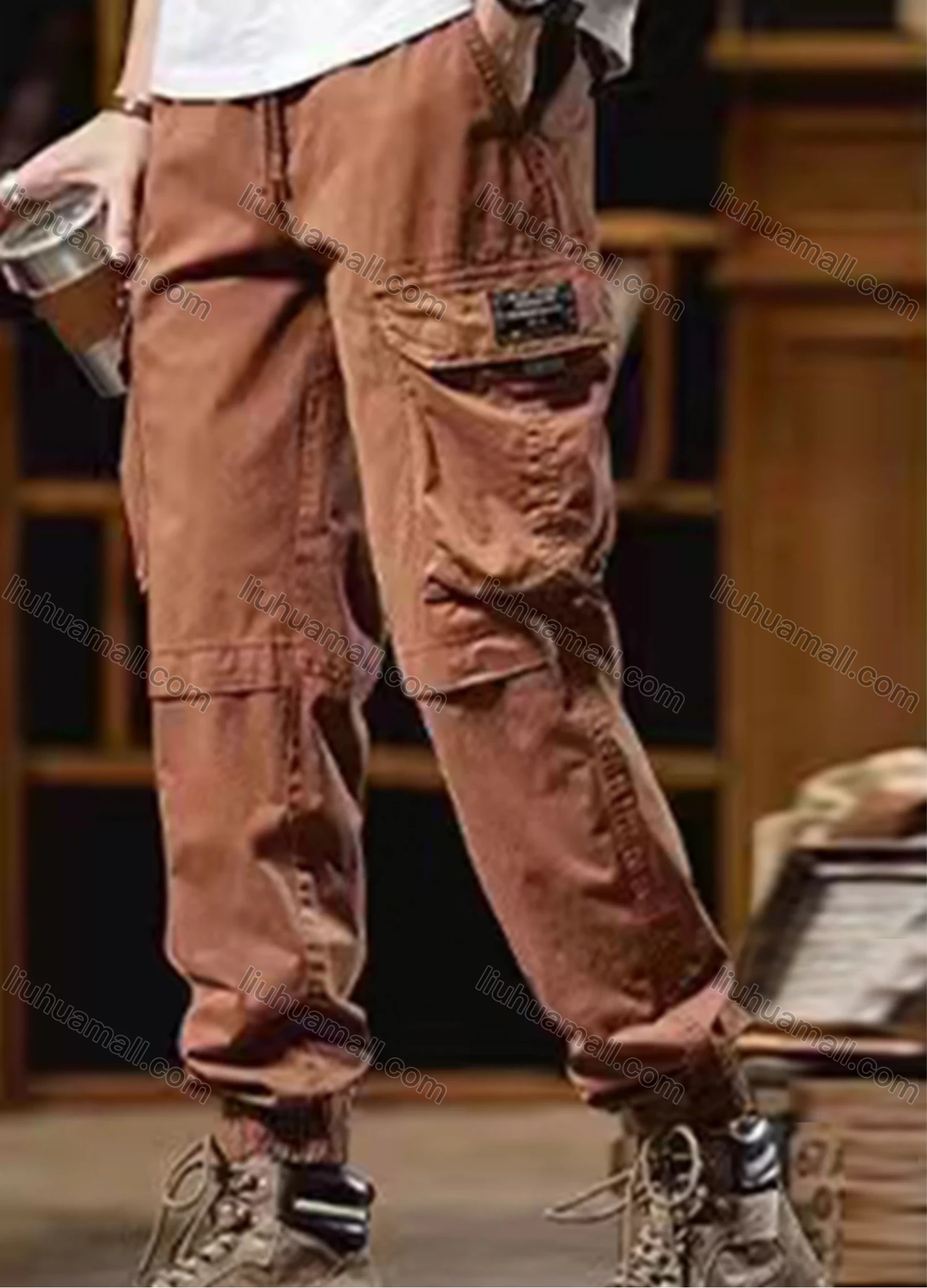 Wholesale Men's Casual Plain Flap Pockets Drawstring Cargo Pant 511# - Liuhuamall