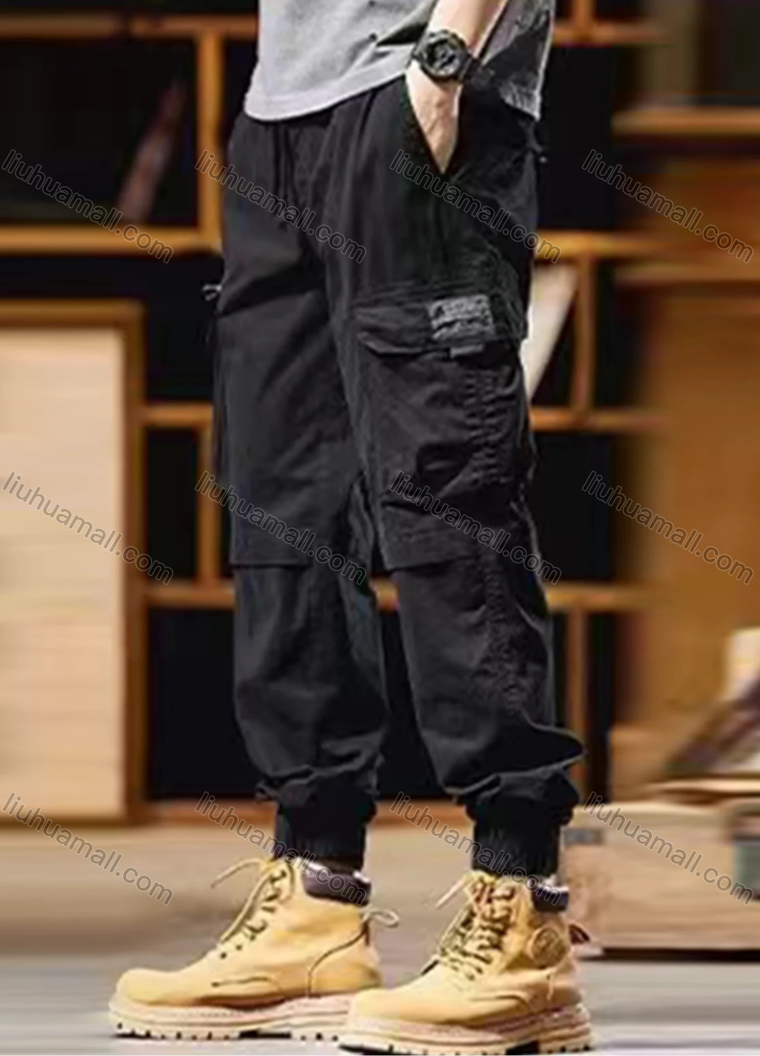 Wholesale Men's Casual Plain Flap Pockets Drawstring Cargo Pant 511# - Liuhuamall