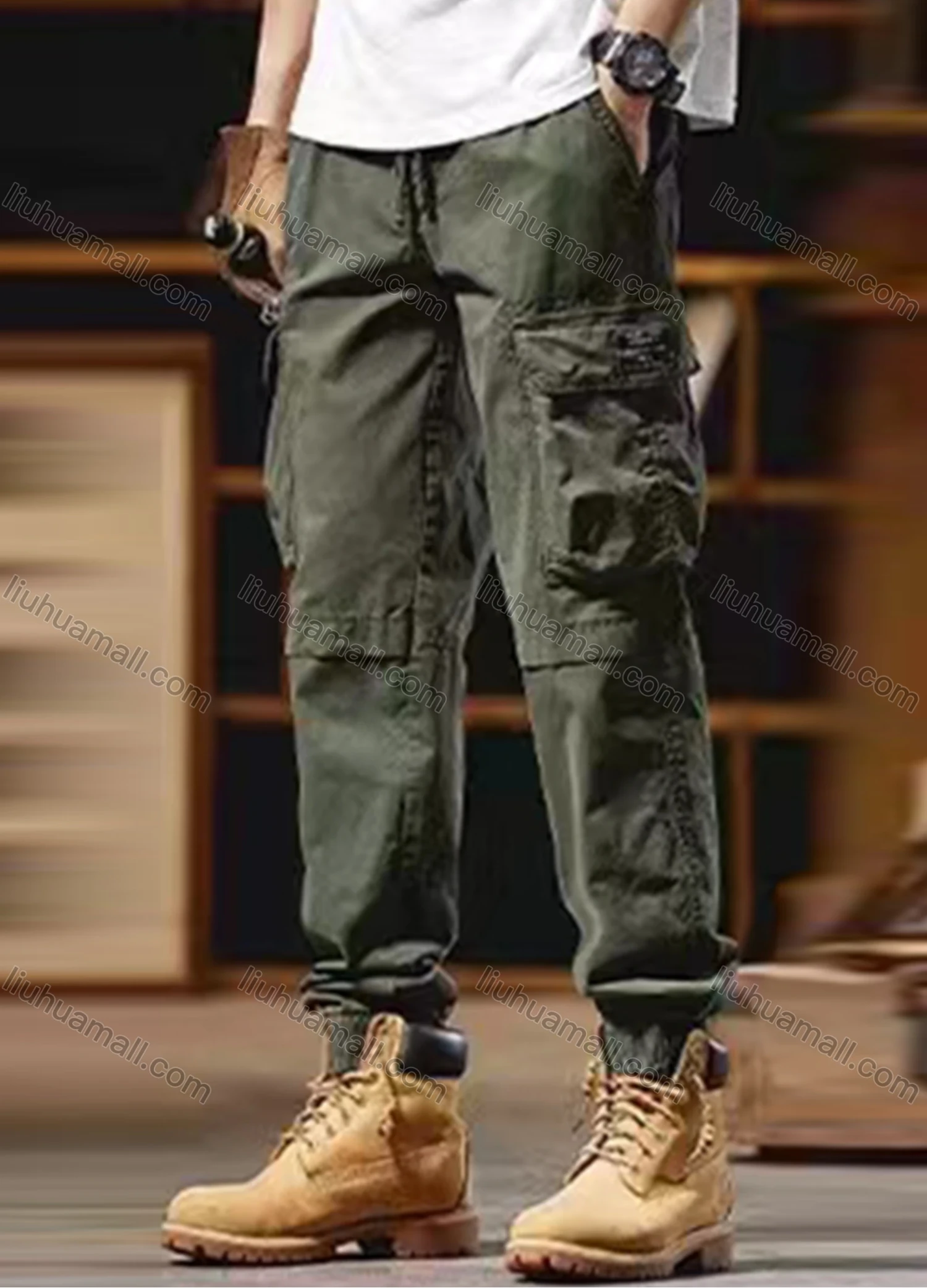 Wholesale Men's Casual Plain Flap Pockets Drawstring Cargo Pant 511# - Liuhuamall