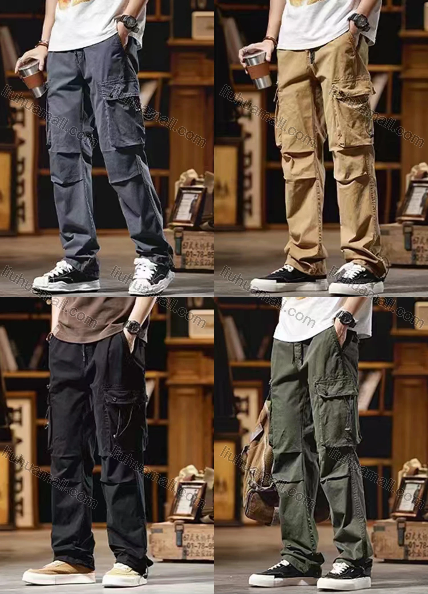 Wholesale Men's Casual Plain Flap Pockets Pleated Drawstring Cargo Pant 510# - Liuhuamall
