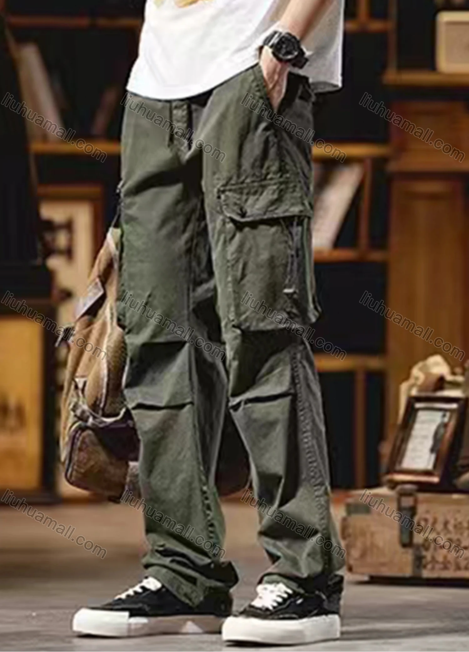 Wholesale Men's Casual Plain Flap Pockets Pleated Drawstring Cargo Pant 510# - Liuhuamall