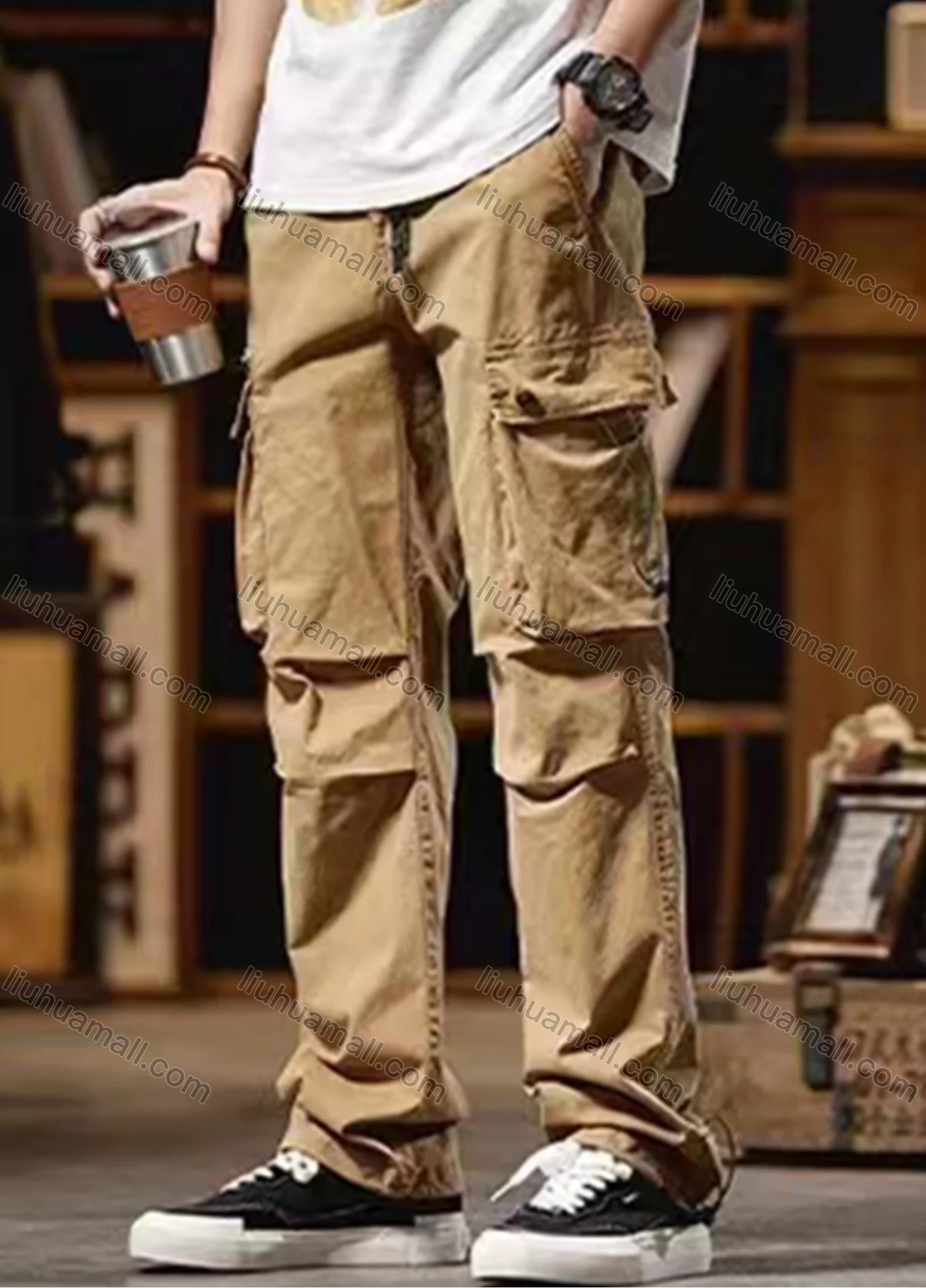 Wholesale Men's Casual Plain Flap Pockets Pleated Drawstring Cargo Pant 510# - Liuhuamall