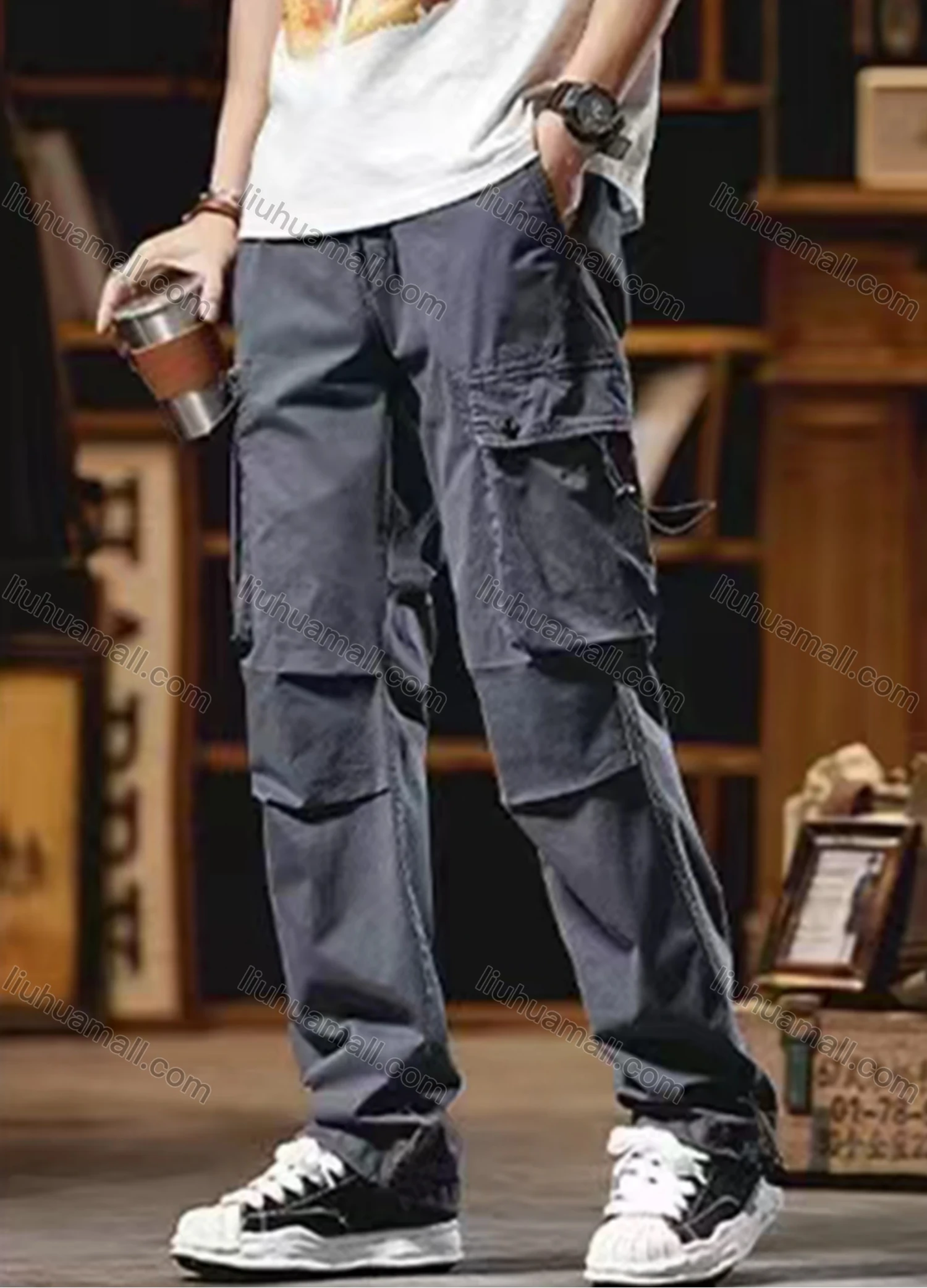 Wholesale Men's Casual Plain Flap Pockets Pleated Drawstring Cargo Pant 510# - Liuhuamall