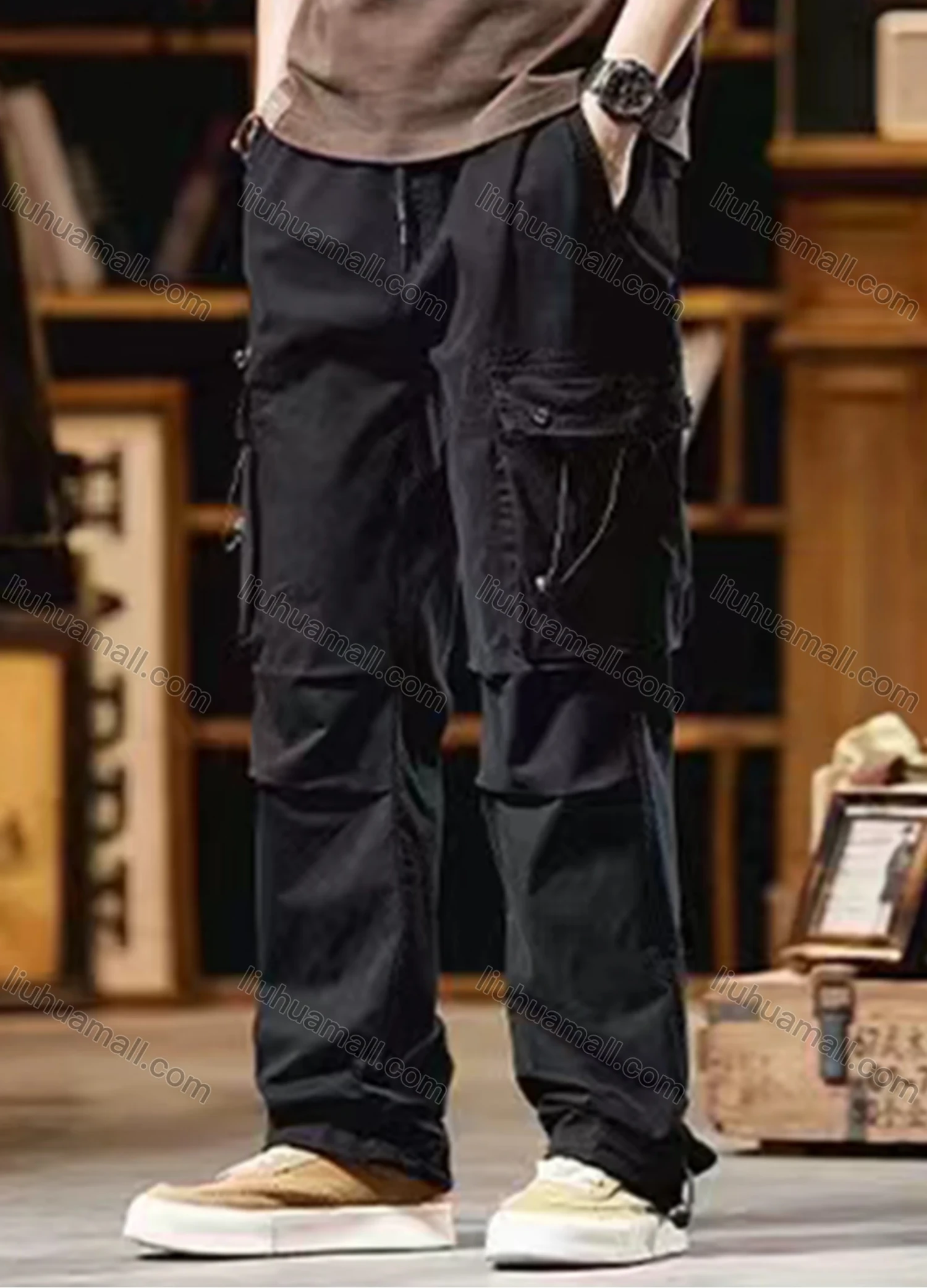 Wholesale Men's Casual Plain Flap Pockets Pleated Drawstring Cargo Pant 510# - Liuhuamall