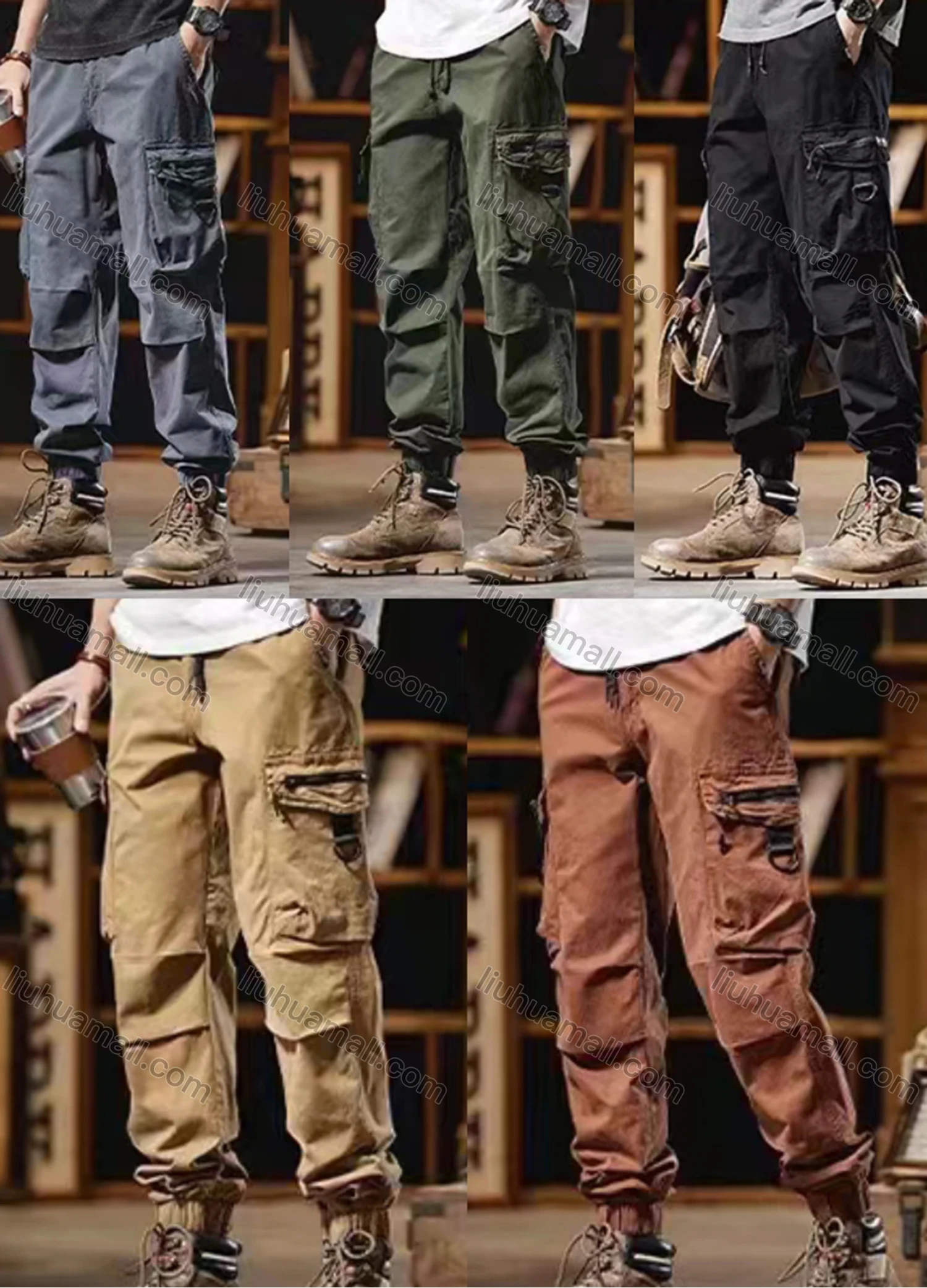 Wholesale Men's Casual Plain Flap Pockets Zip Decor Pleated Drawstring Cargo Pant 513# - Liuhuamall